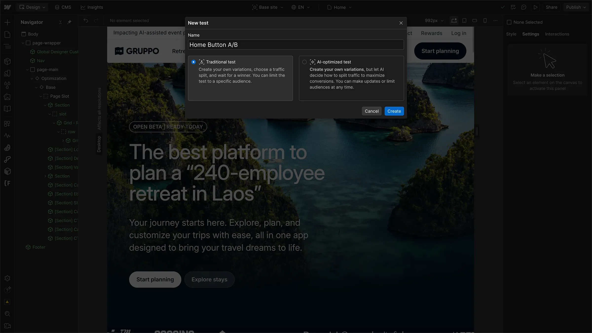 Webflow Optimize A/B test creation window offering a traditional test or an AI-optimized test to maximize conversions.