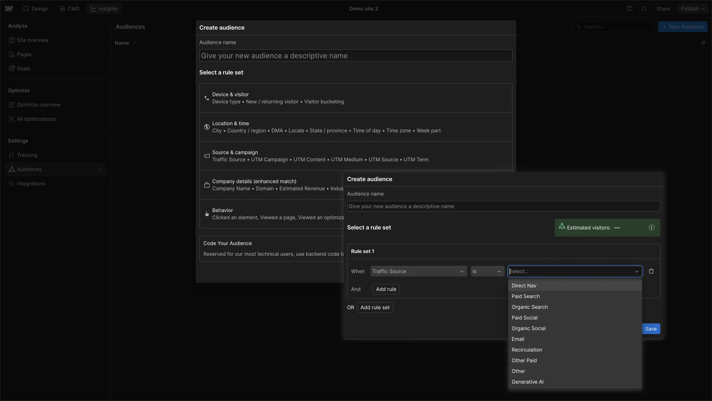 Webflow Optimize interface showing audience creation with targeting rules based on behavior, traffic source, and company data.