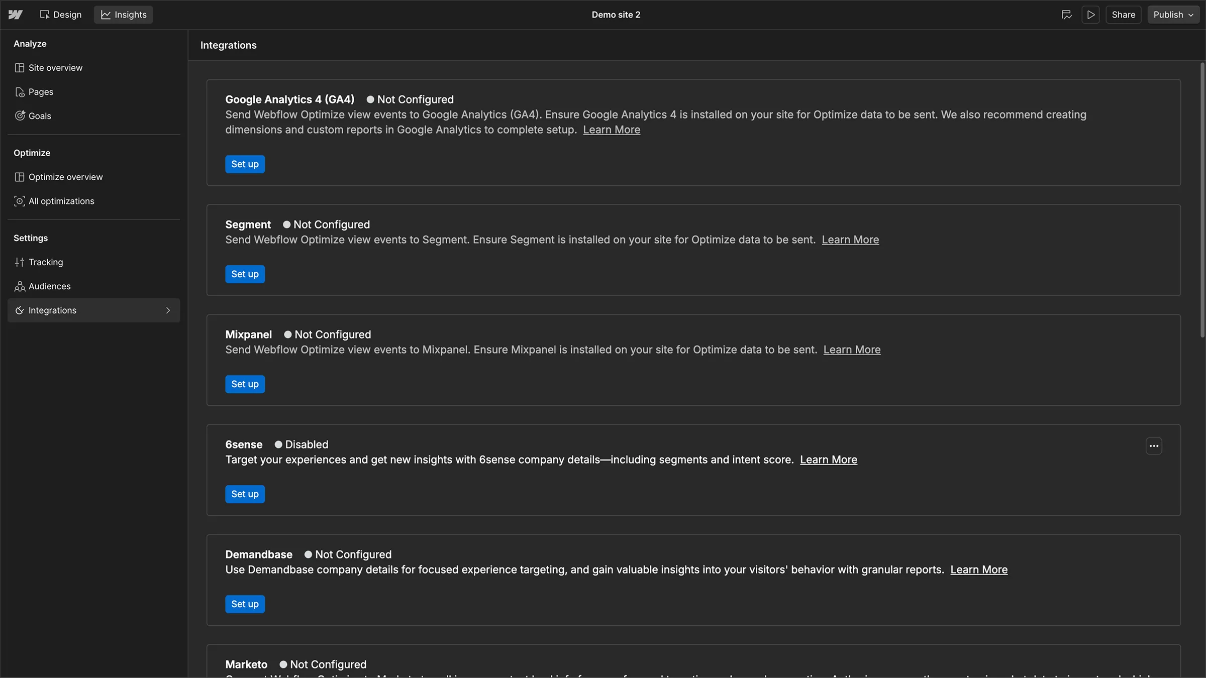 Webflow Optimize integrations dashboard allowing connections to Google Analytics 4, Segment, Mixpanel, 6sense, Demandbase, and other marketing tools.