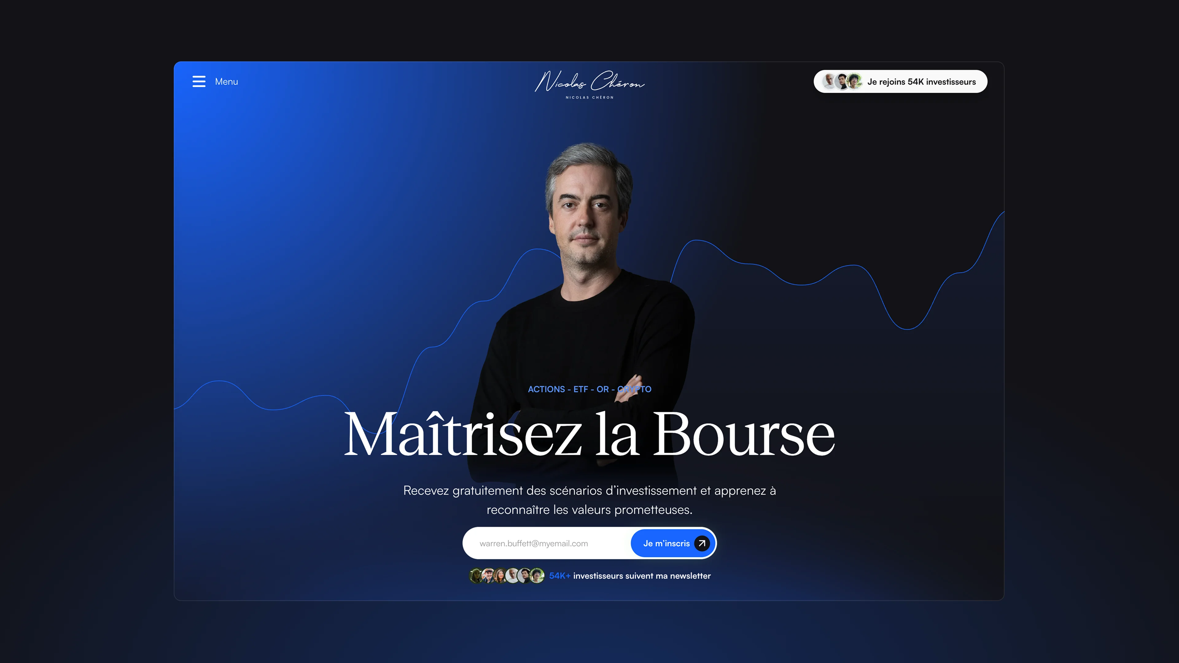 Nicolas Chéron, financial markets expert, presents his investment newsletter with a modern blue design and a call to action “Master the Stock Market”.