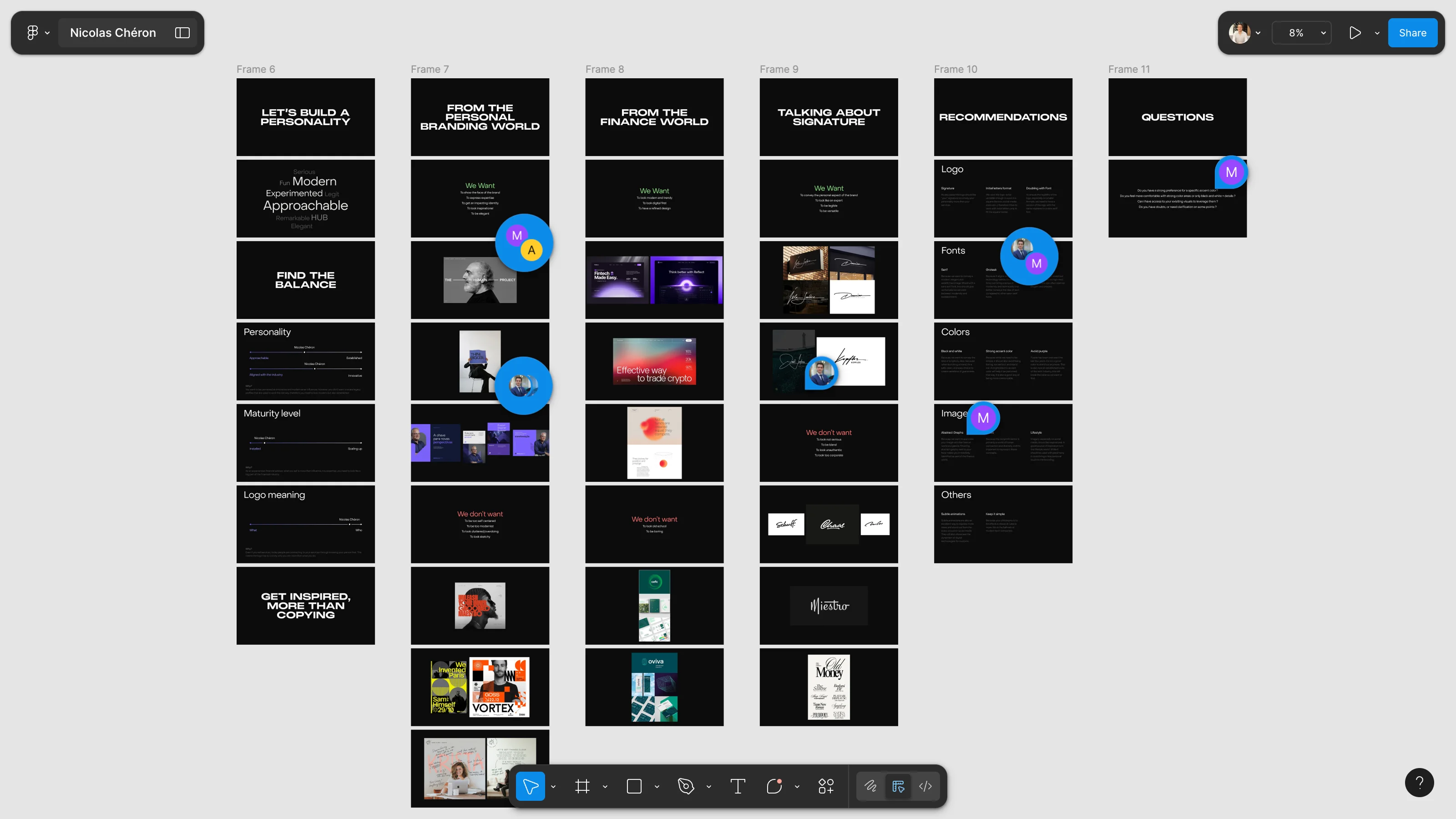 Figma presentation from Nicolas Chéron’s branding workshop, exploring brand personality, typography, and color palette.