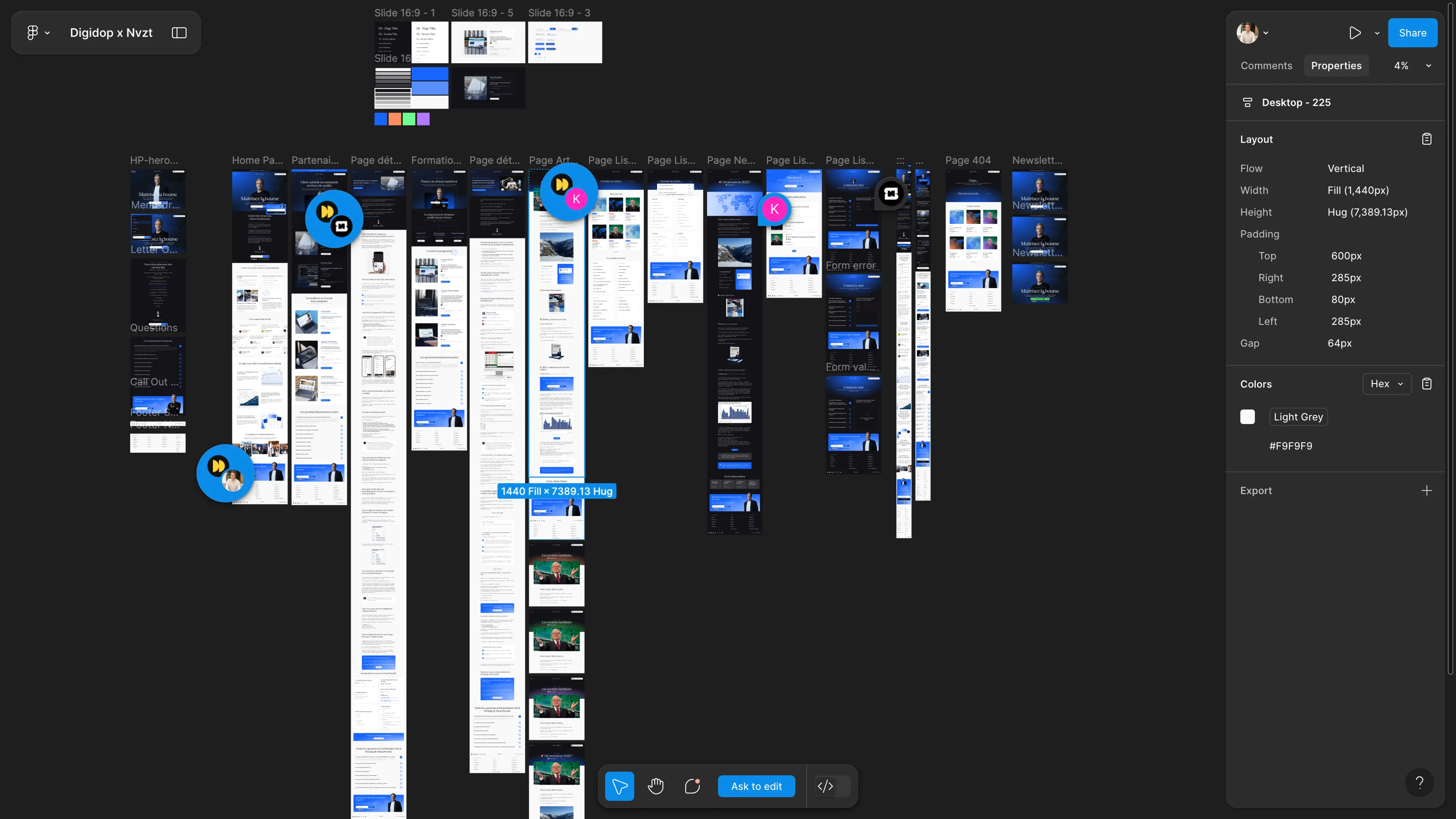 Overview of Nicolas Chéron’s website design in Figma, showing the homepage, articles, and newsletter pages in a professional blue and black style.