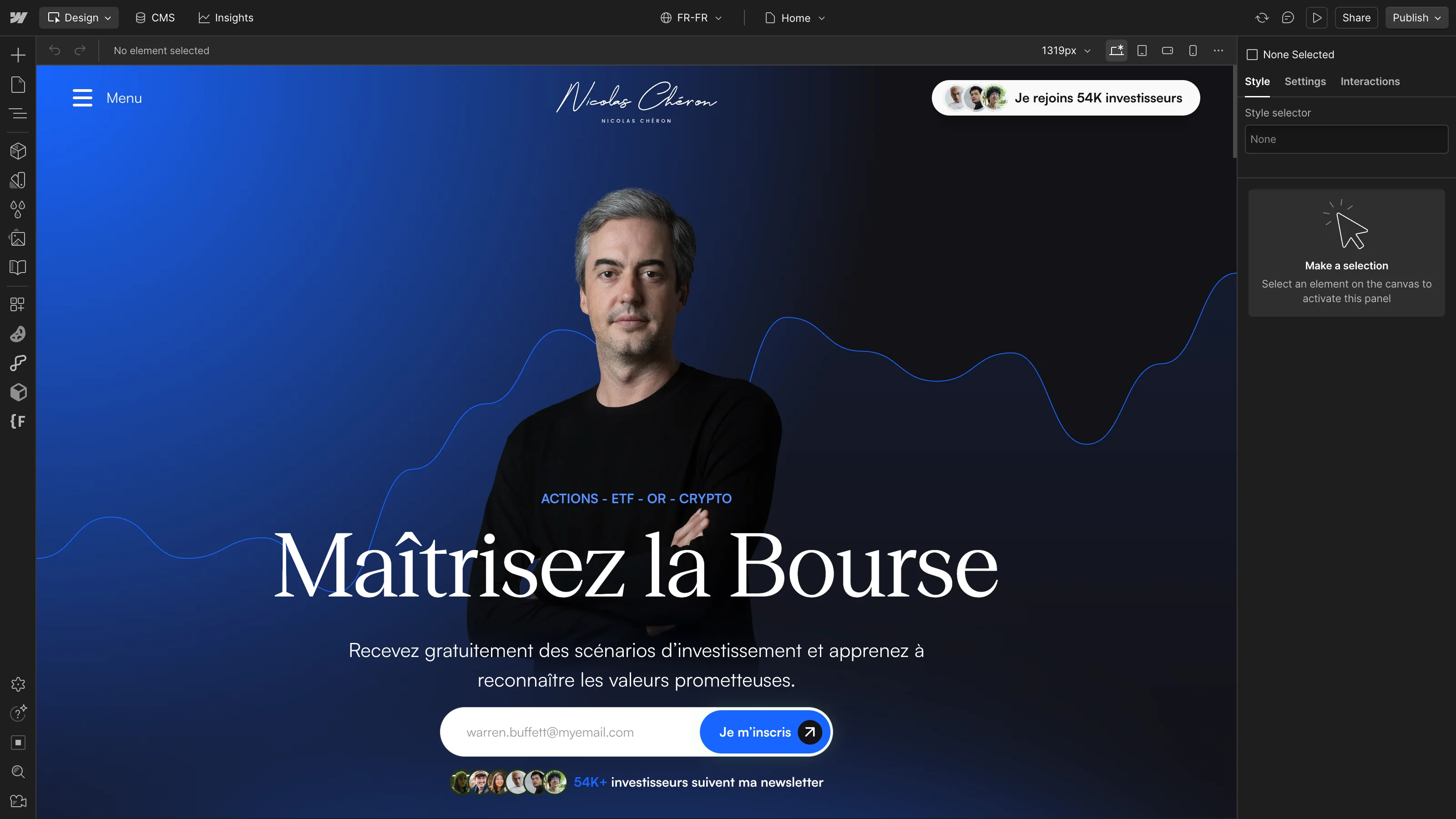 Screenshot of Nicolas Chéron’s Webflow site in editing mode, showing the “Master the Stock Market” hero section with a dark blue design and a call to action to subscribe to the newsletter.