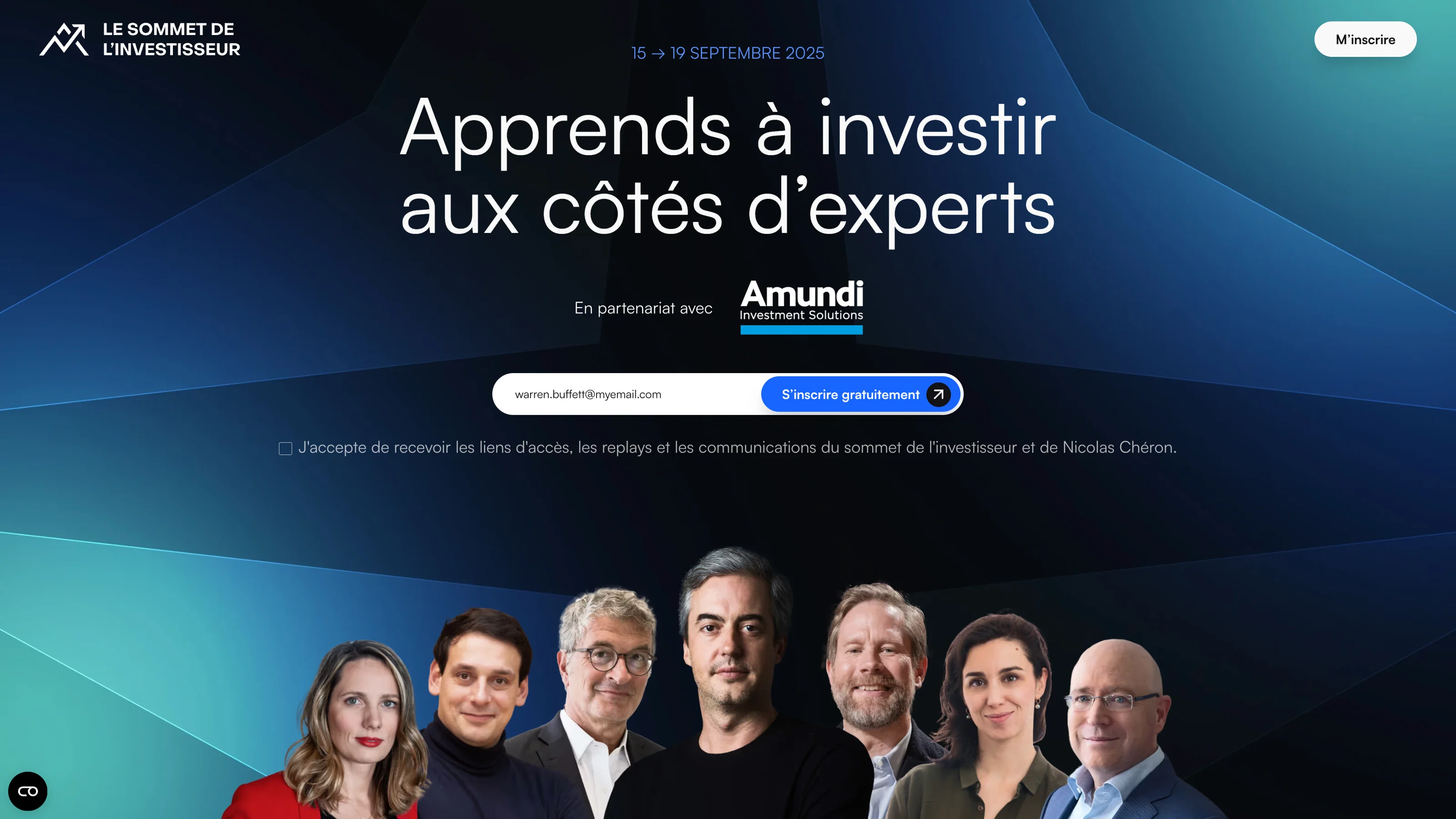 Registration page for “Le Sommet de l’Investisseur” organized by Nicolas Chéron in partnership with Amundi, featuring several financial experts.