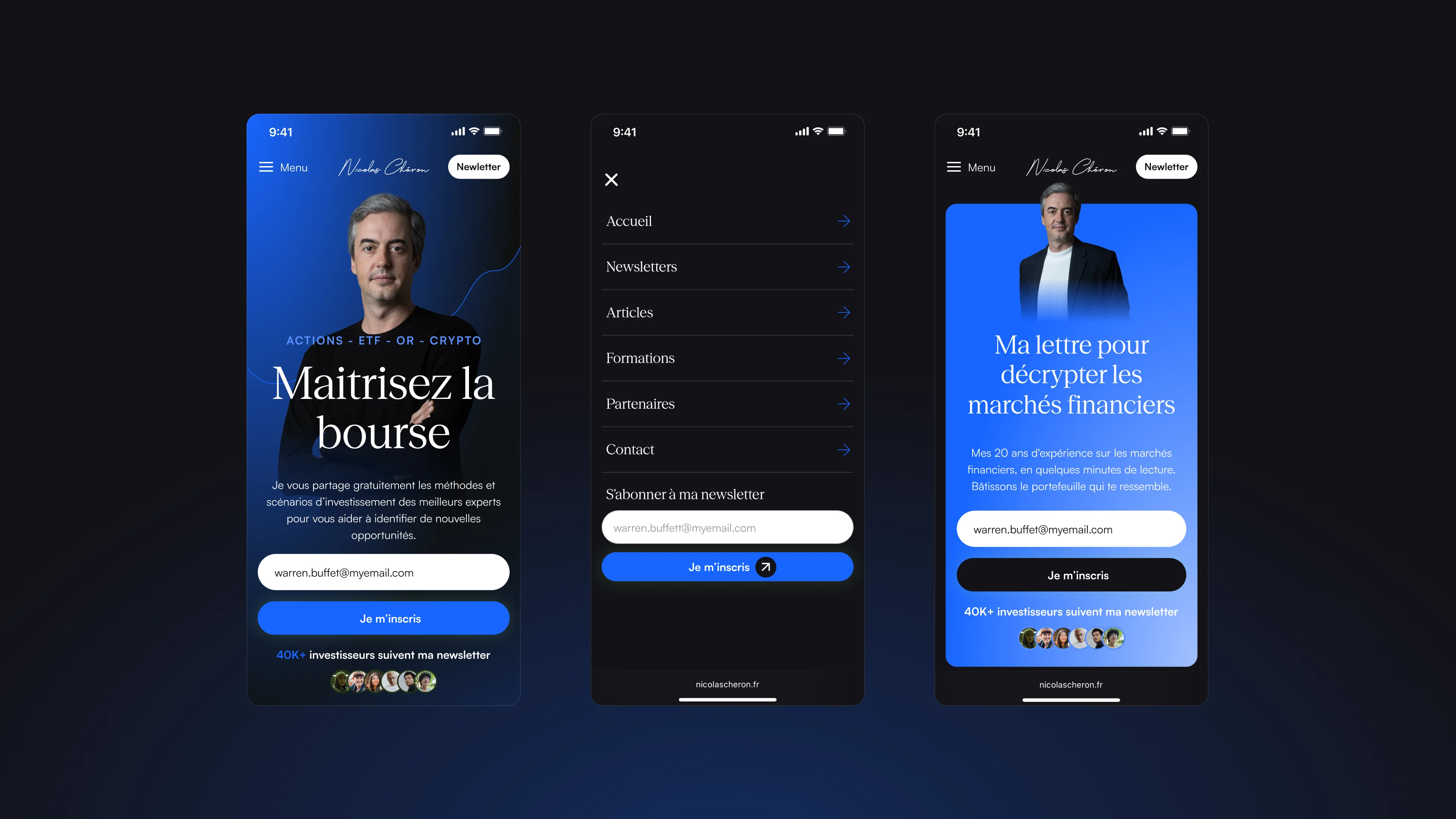 Mobile mockups of Nicolas Chéron’s website showing the hero, navigation menu, and newsletter signup form in an elegant dark blue design.