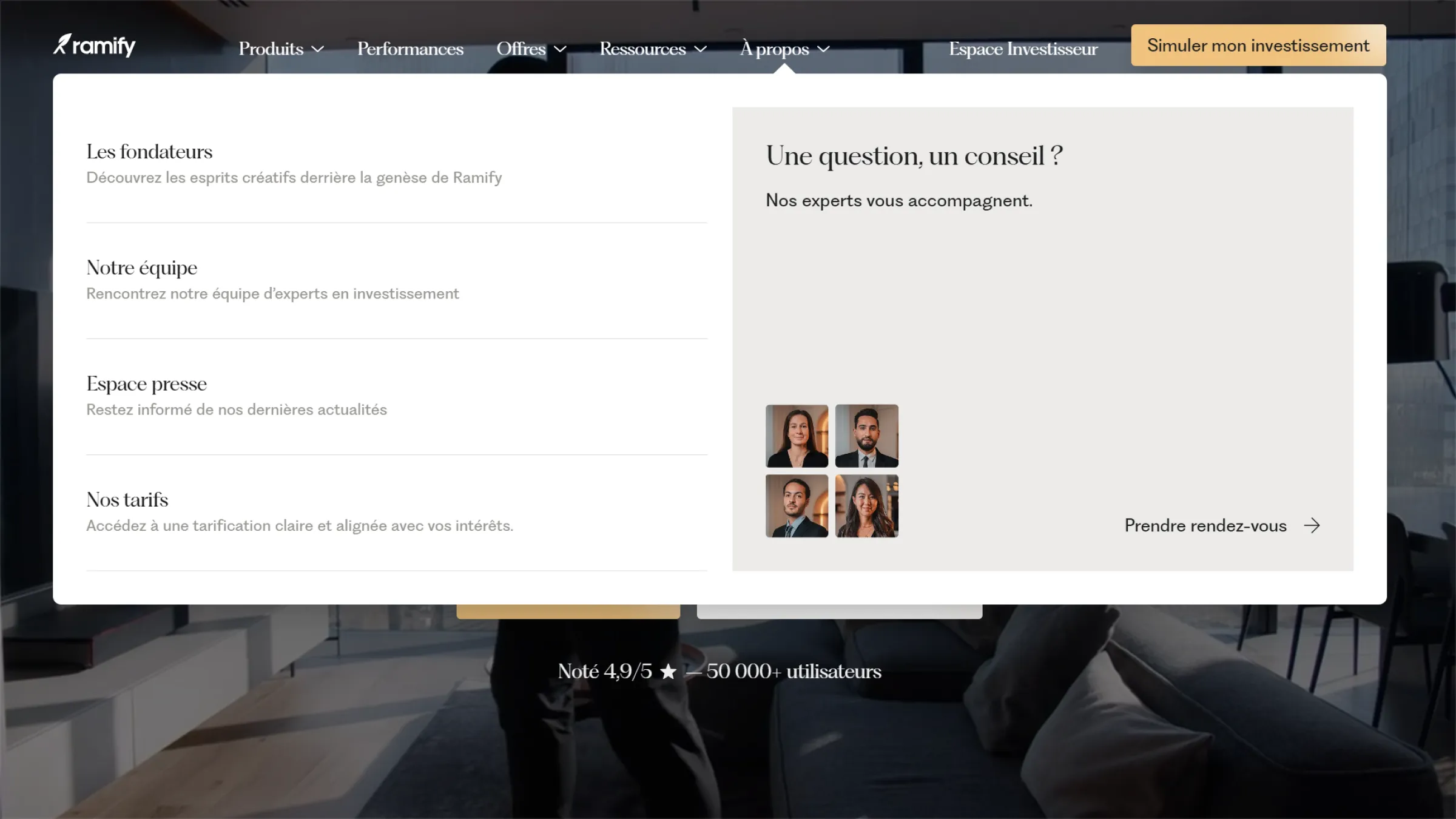 Screenshot of Ramify’s “About” dropdown highlighting founders, team, press, and pricing, with advisor portraits displayed on the side.