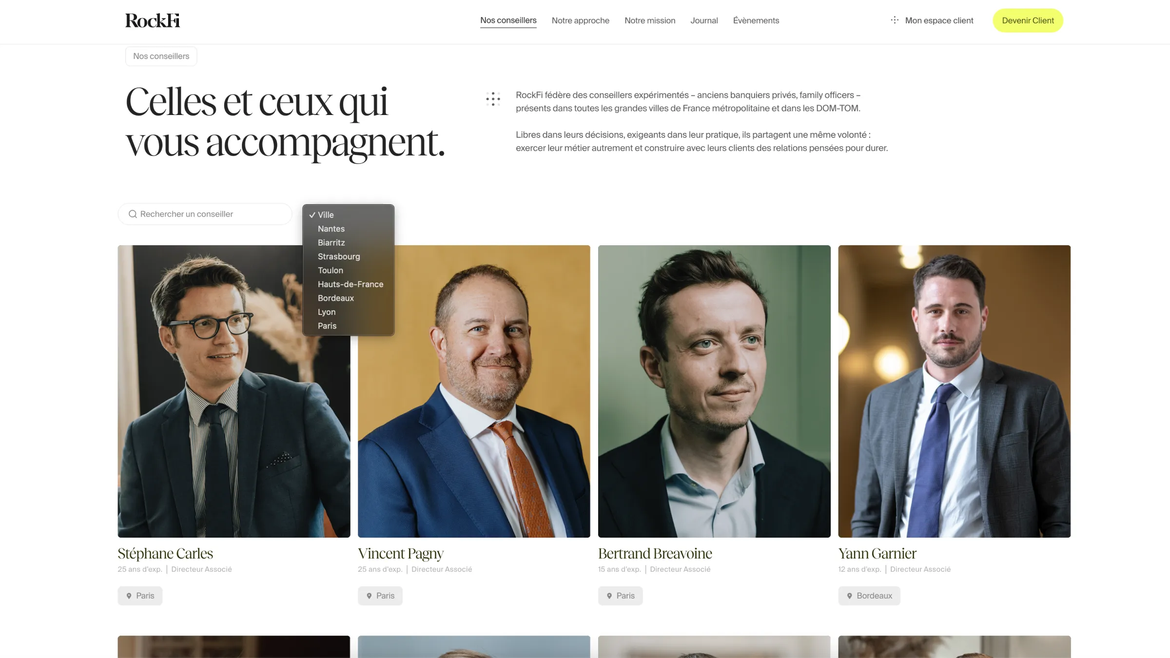 Screenshot of RockFi’s “Our Advisors” page showing several private advisors with portraits, names, years of experience, and a city filter.