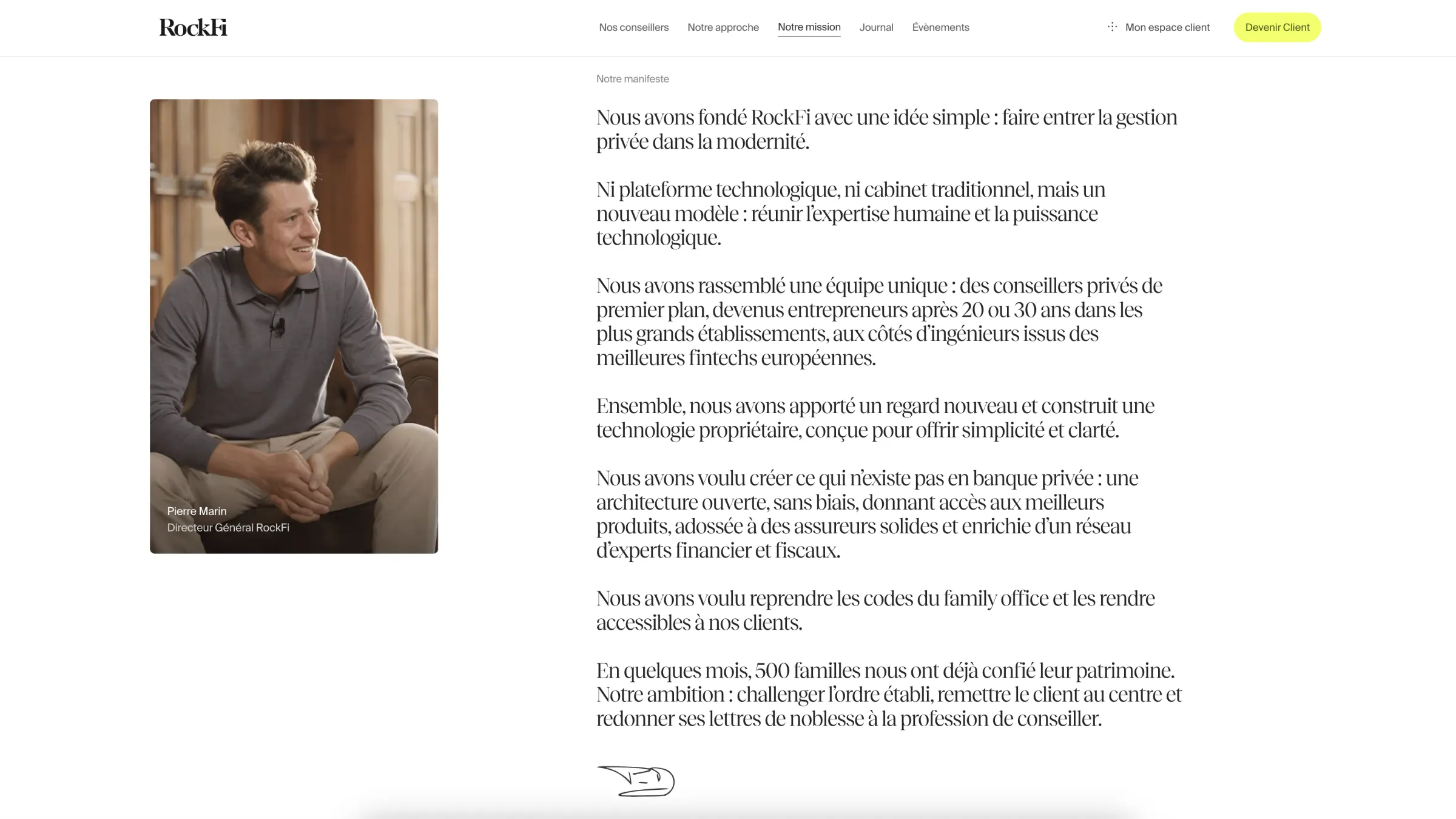 Portrait of Pierre Marin, CEO of RockFi, displayed next to the company manifesto outlining their modern vision of private wealth management.