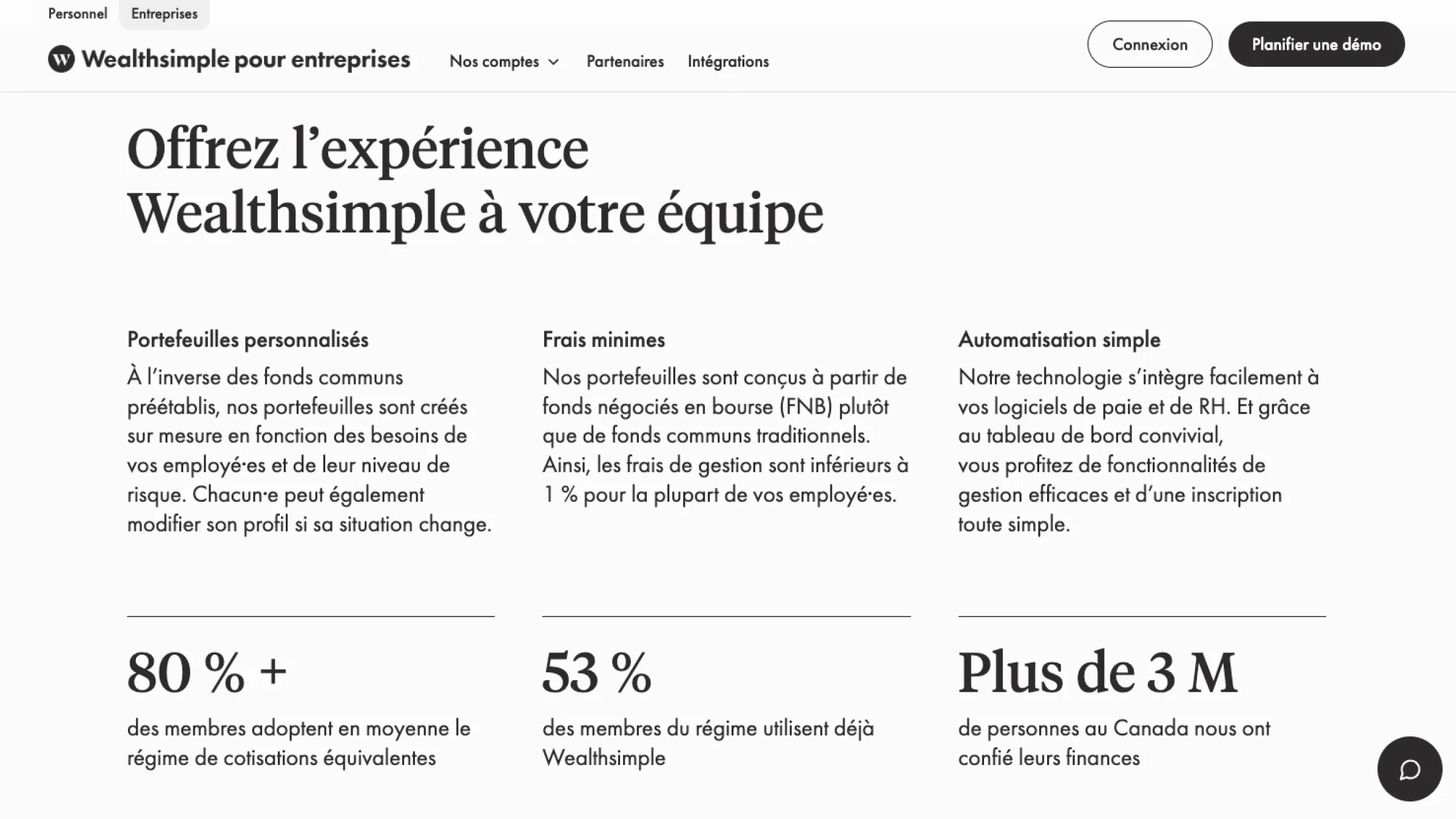 Wealthsimple for Business interface showcasing team benefits: personalized portfolios, low fees, and HR automation.