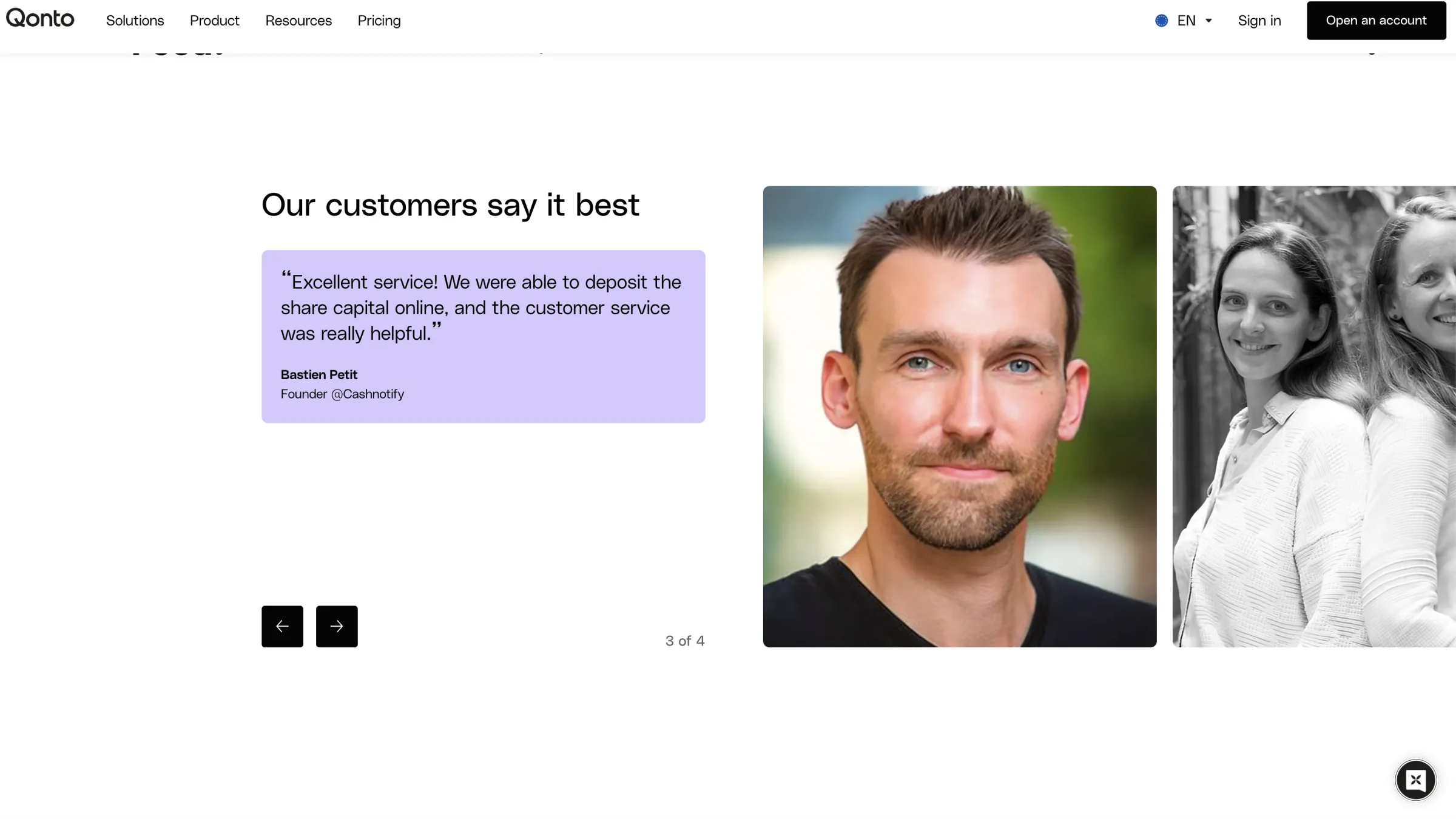 Qonto hero showcasing the remunerated business account with app preview and 4% yield example.