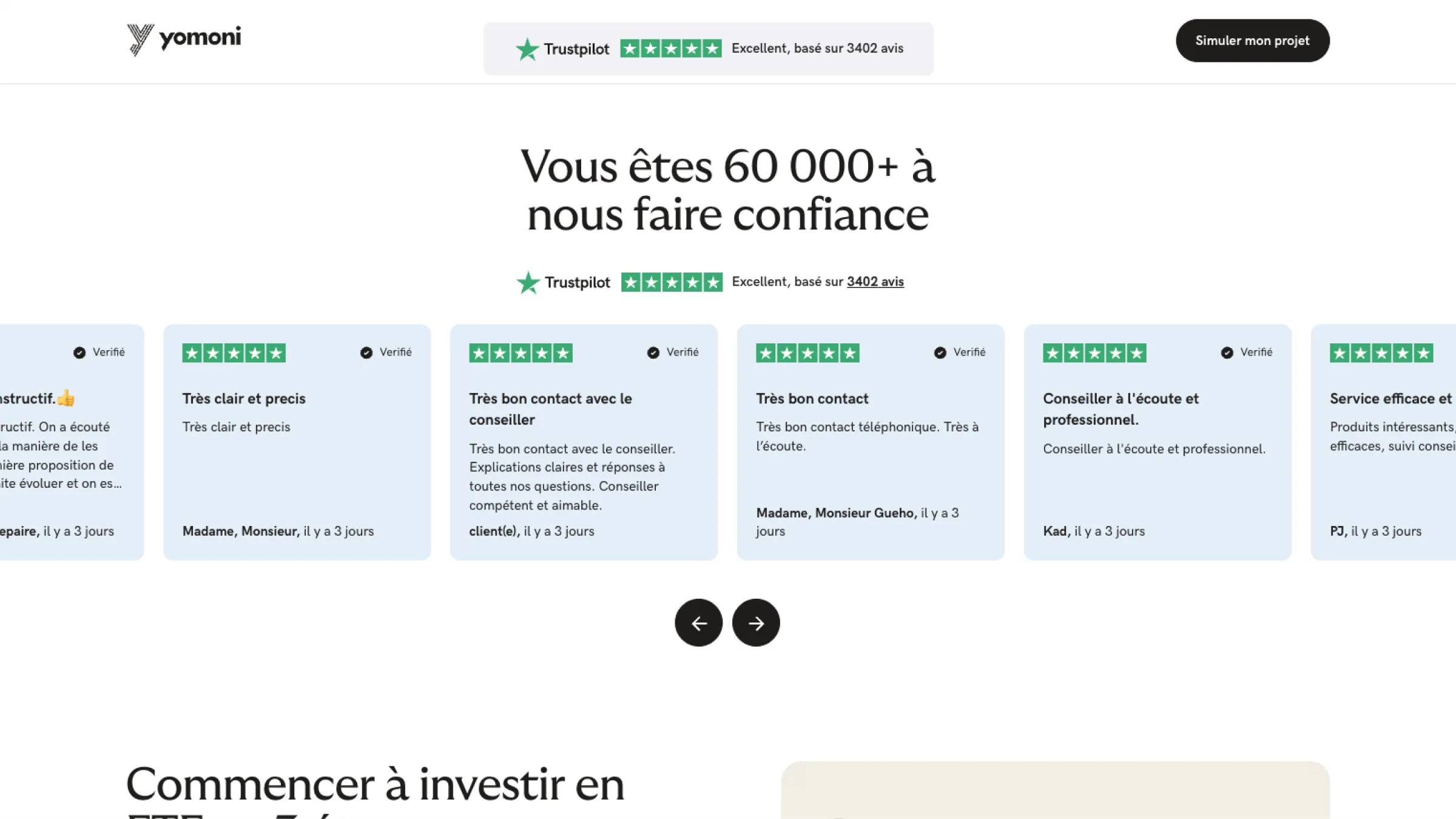 Yomoni customer reviews displayed as Trustpilot cards with an overall excellent rating.