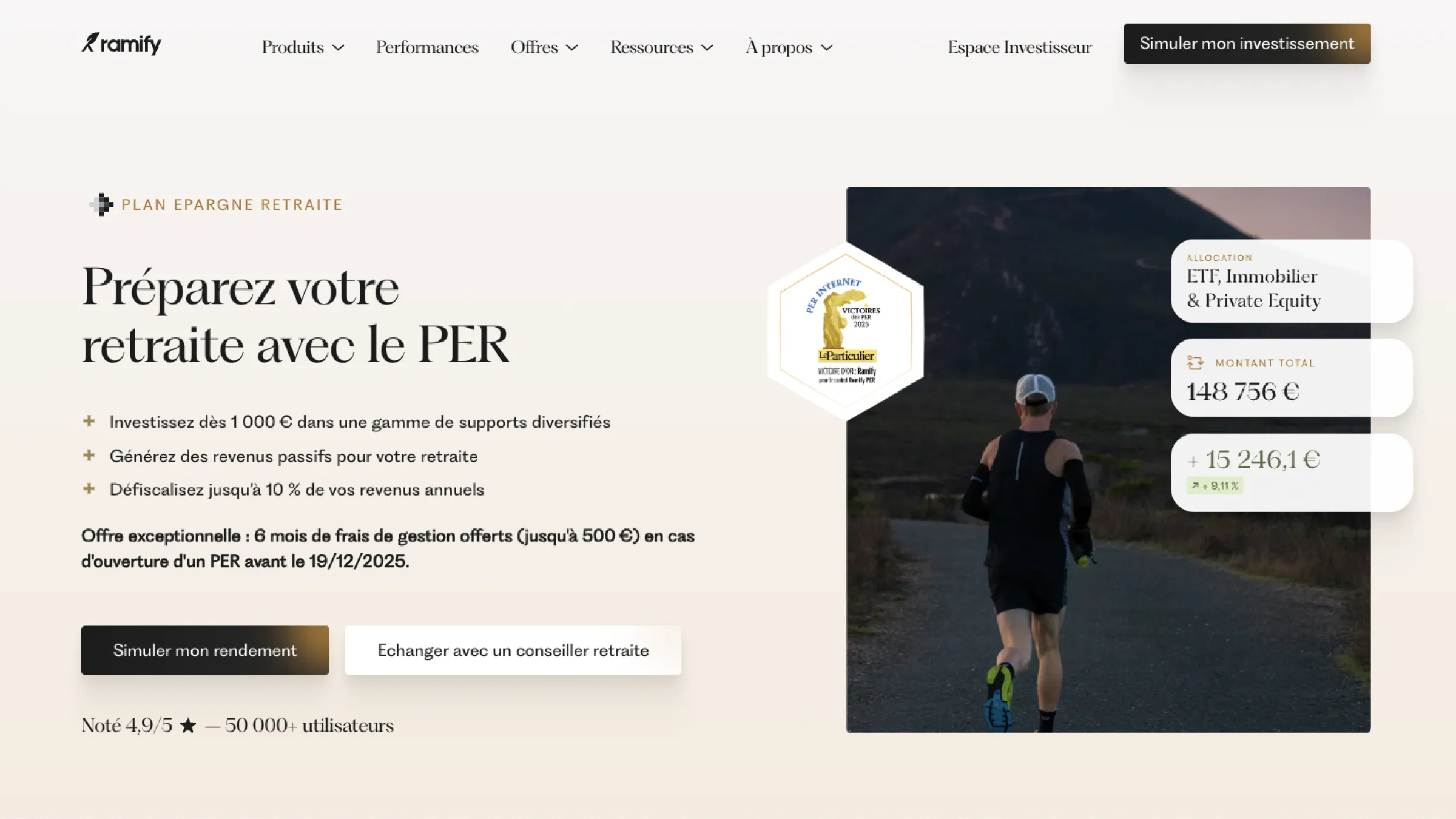 Ramify PER page showing a runner and displayed portfolio performance indicators.