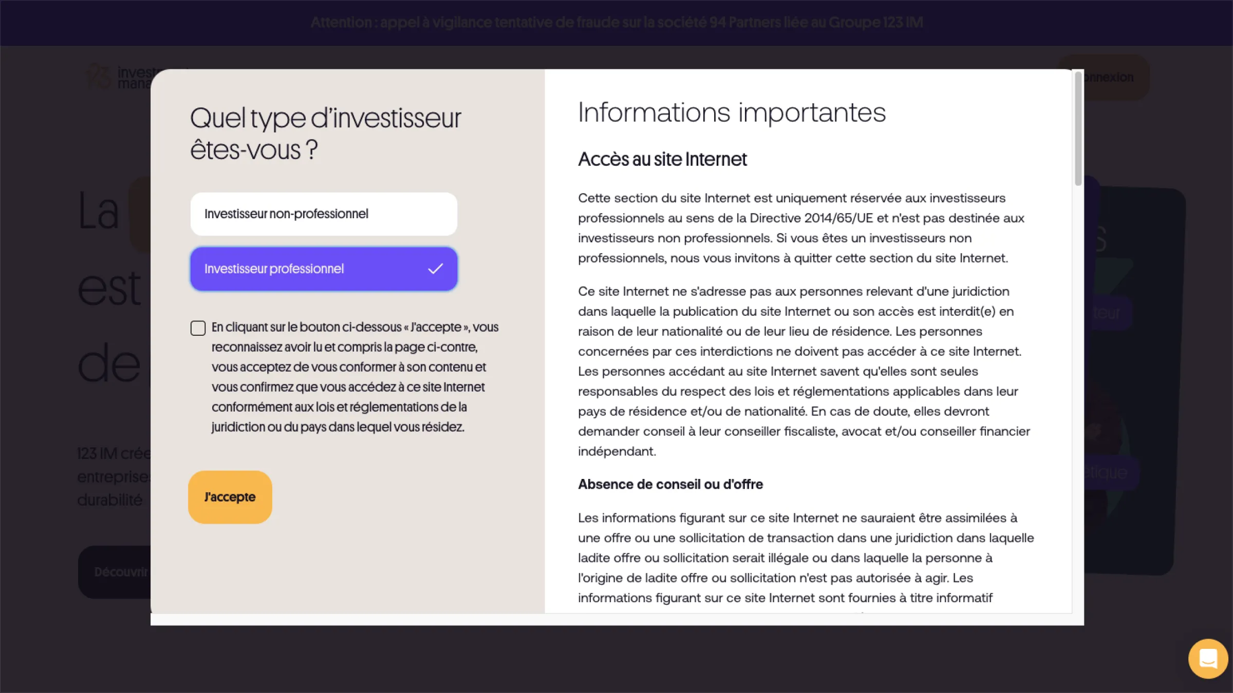Regulatory pop-up asking users to select investor type with important legal disclosures.