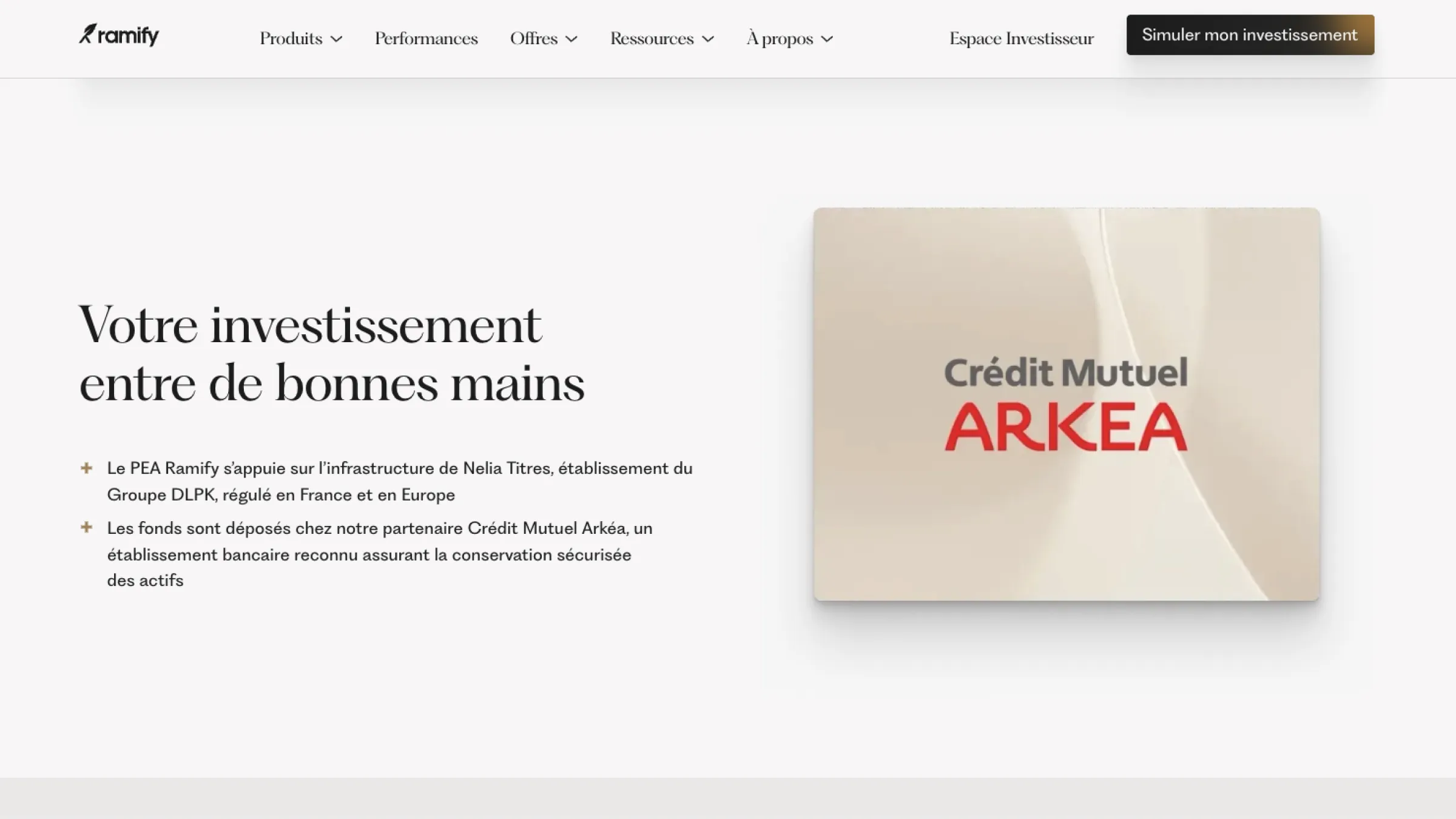  Ramify section highlighting investment security with Crédit Mutuel Arkéa’s logo.