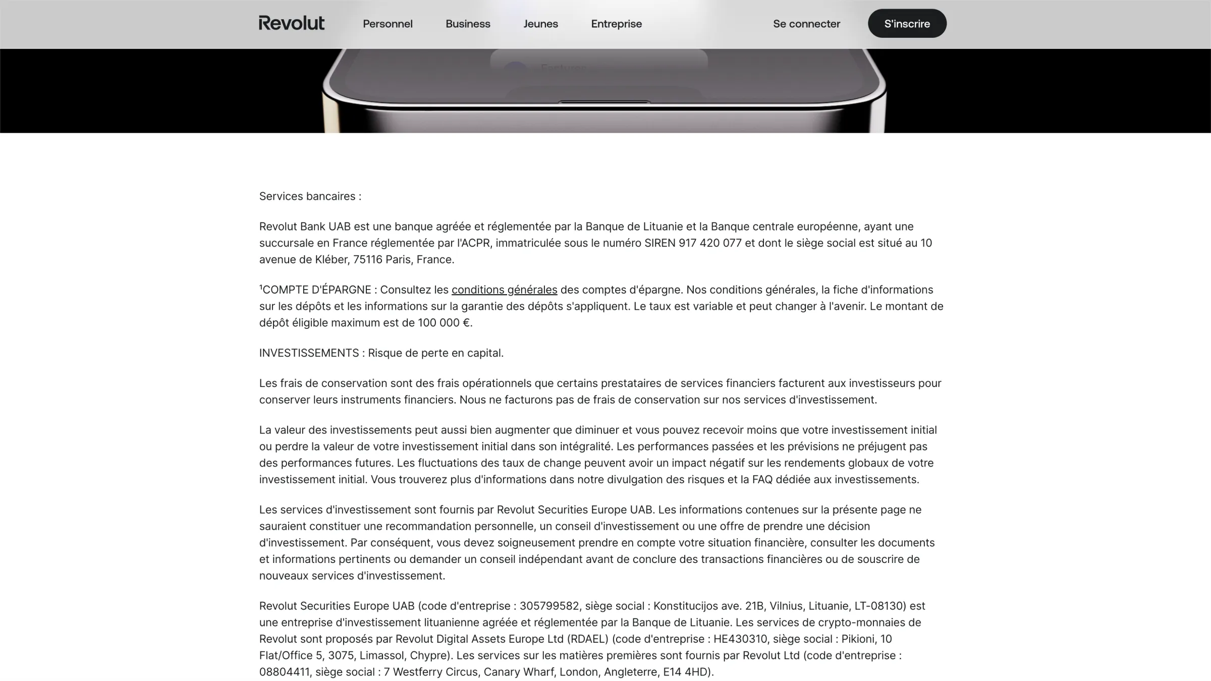 Revolut legal disclaimer page outlining financial risks and regulatory information.