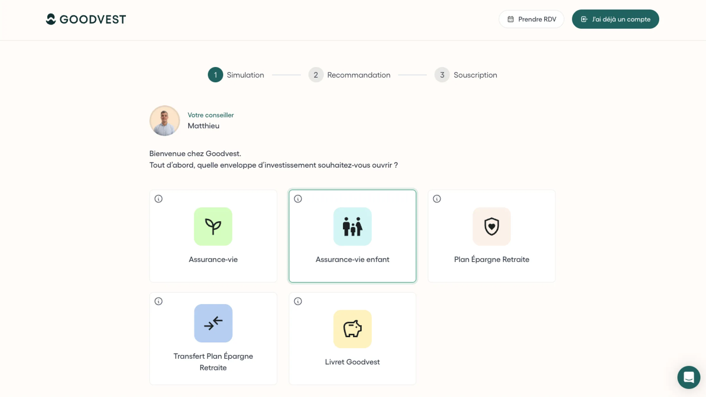 Goodvest interface allowing selection of different investment wrappers such as life insurance, pension plan, and savings account.