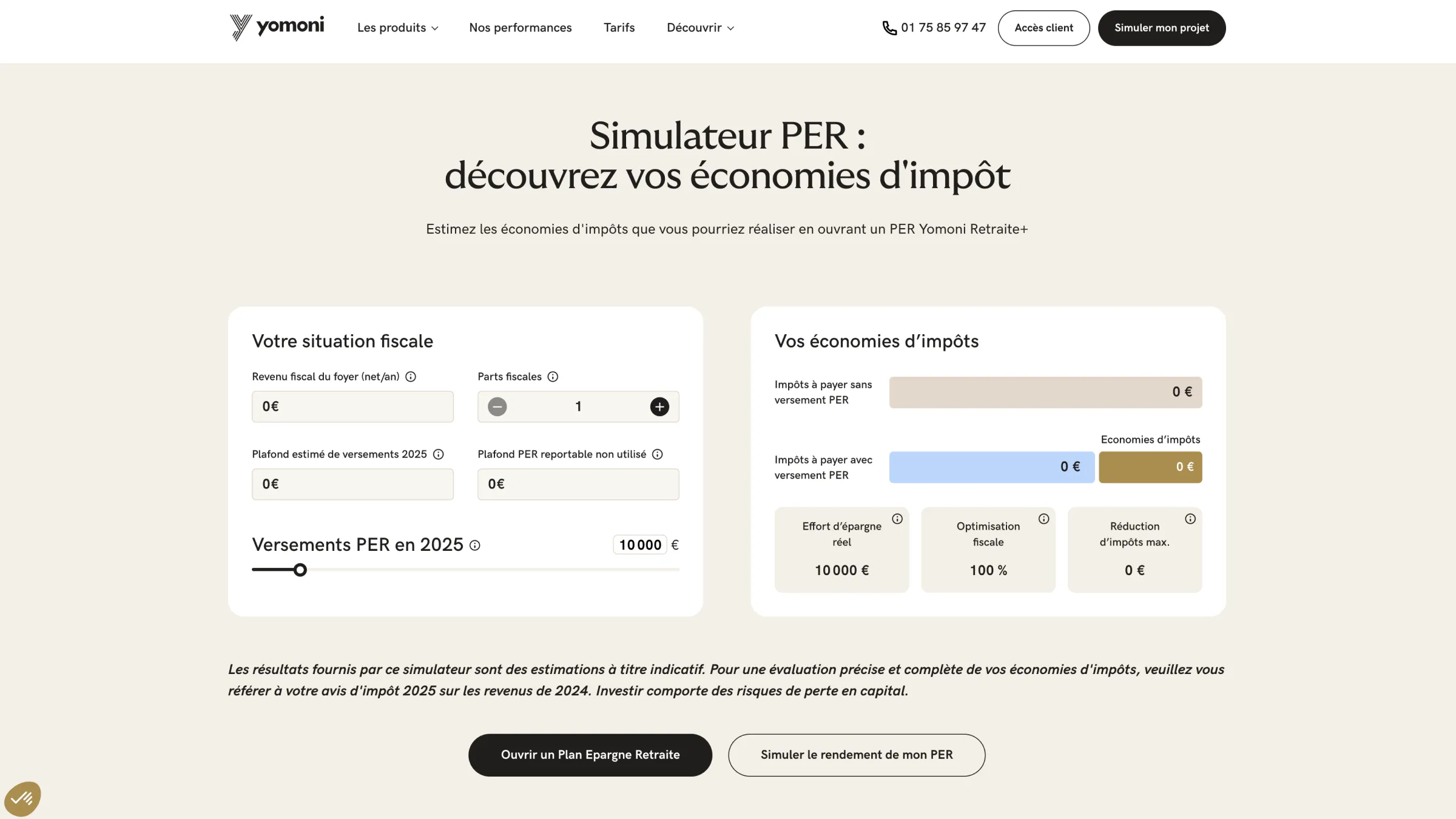 Yomoni PER simulator showing tax situation inputs, contribution settings, and estimated tax savings.