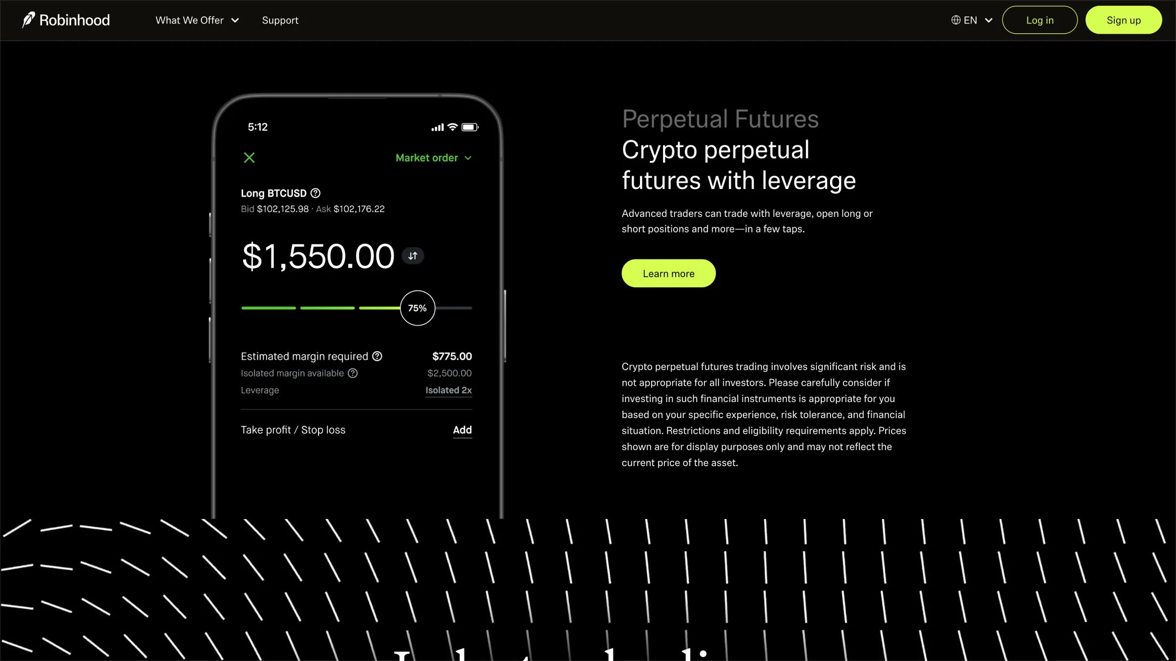 Robinhood trading interface showing a leveraged long BTCUSD position, displayed on a dark minimalist background.