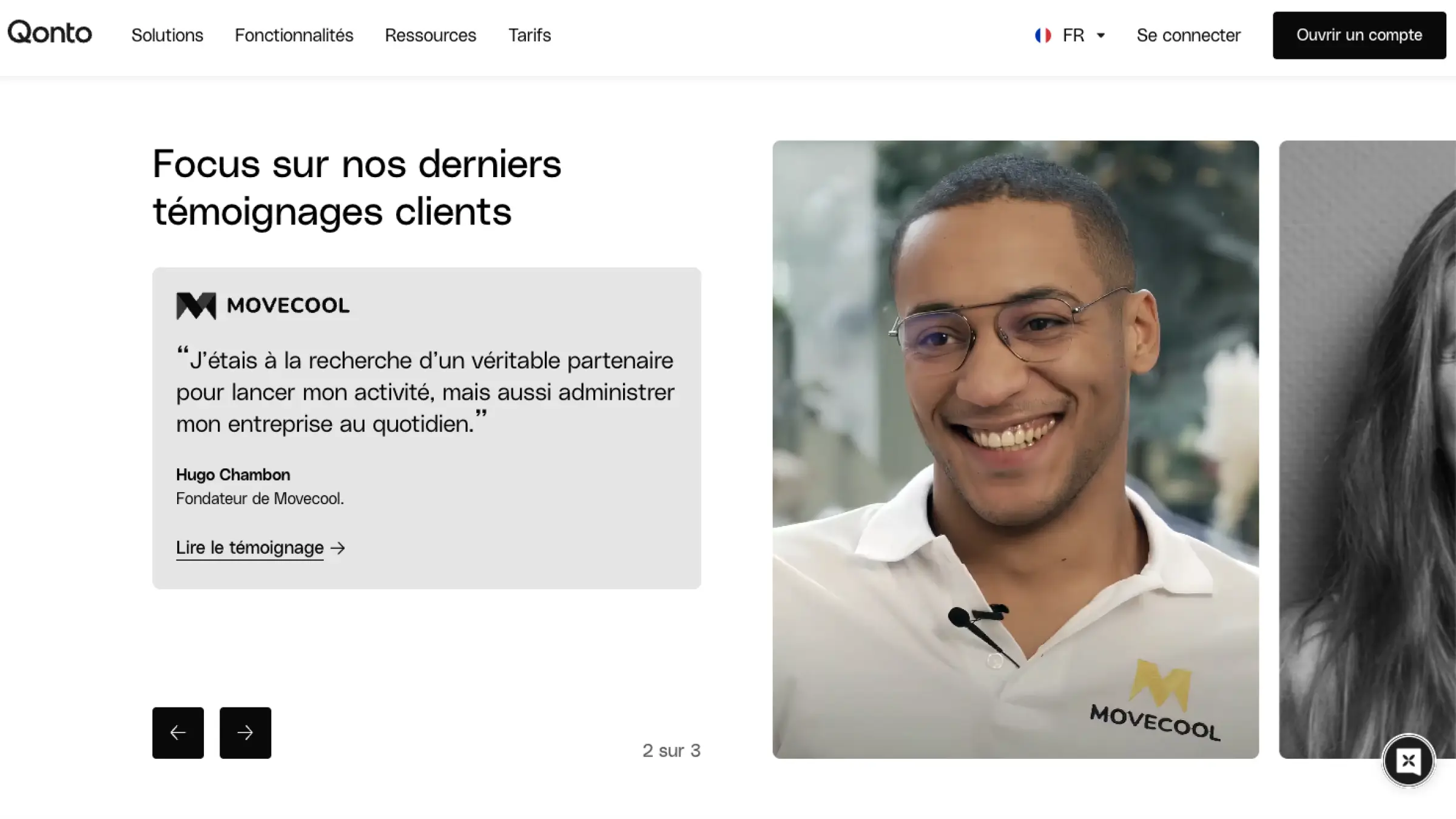 Témoignage client Qonto avec Hugo Chambon, fondateur de Movecool, présentant son retour d’expérience et son portrait souriant.