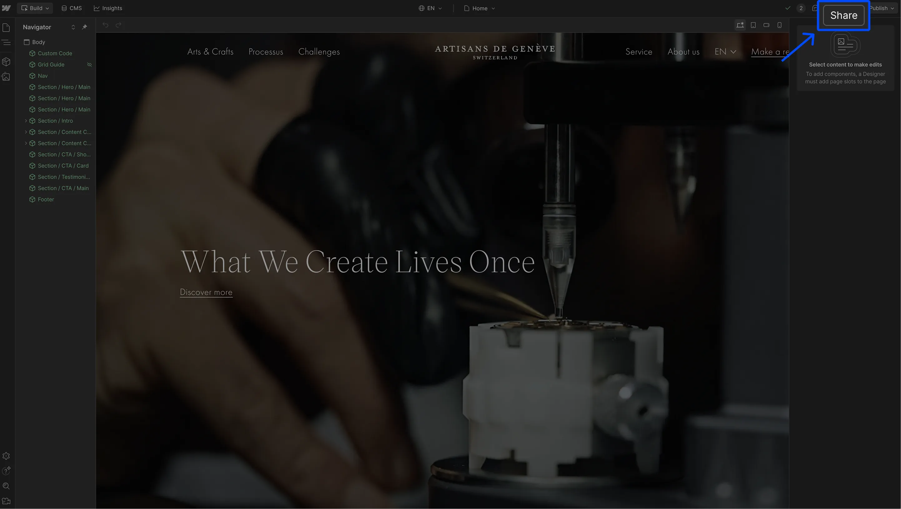 Webflow interface with the ‘Share’ button highlighted to access the project sharing options.