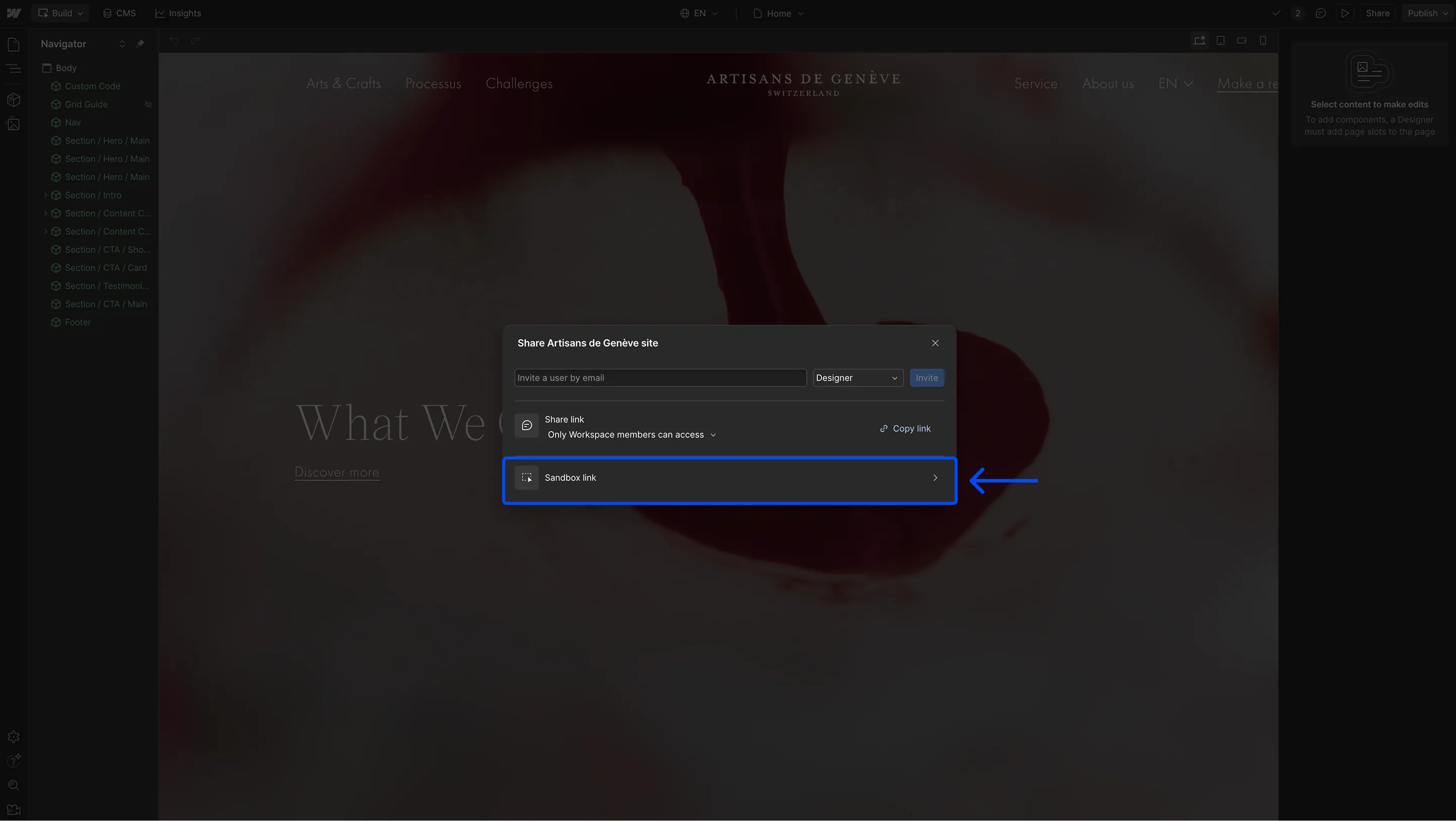 Webflow sharing window with the ‘Sandbox link’ section expanded and a blue arrow highlighting access to the read-only link.