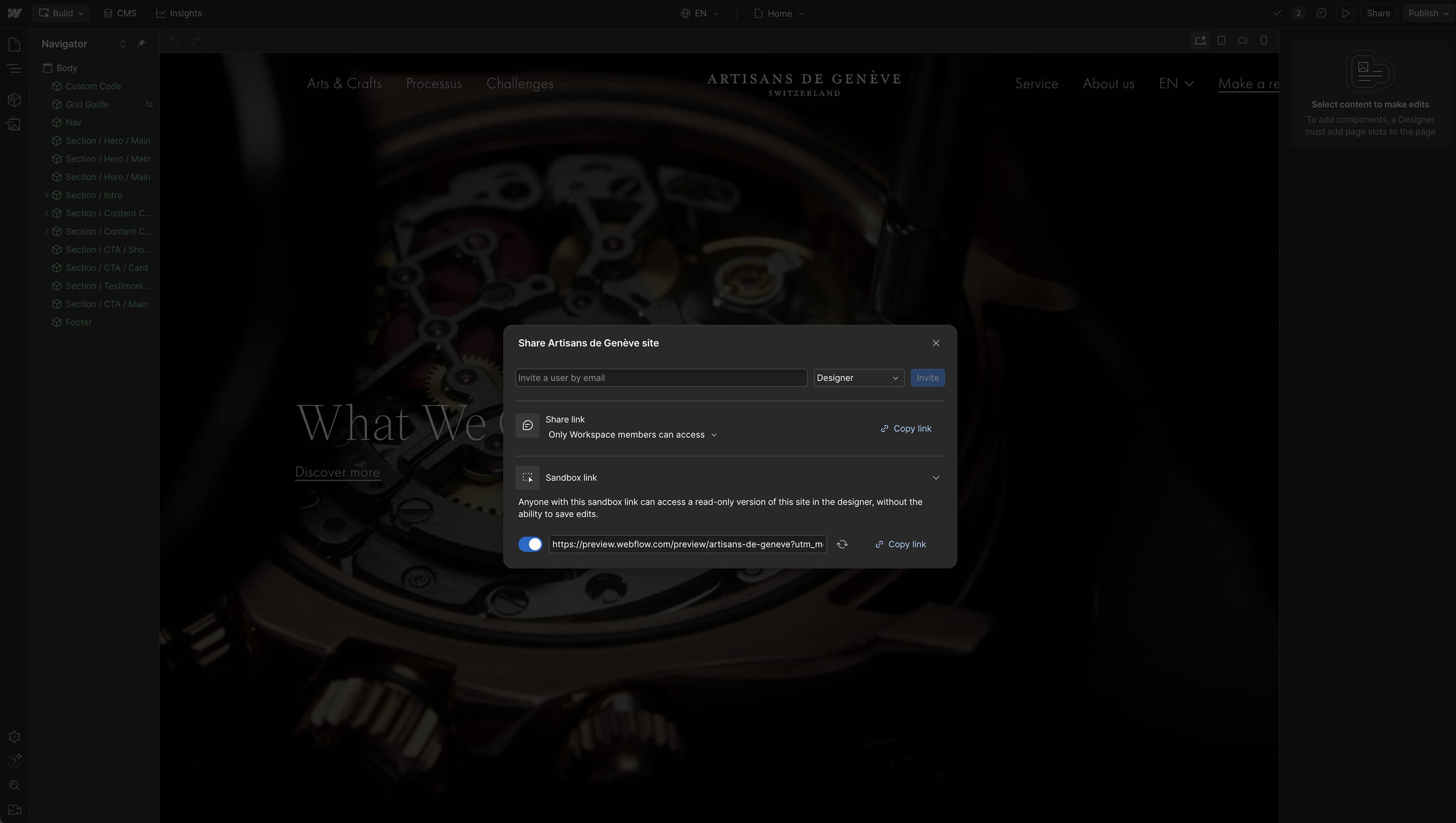 Webflow sharing modal showing the ‘Sandbox link’ option to enable a read-only preview link of the project.