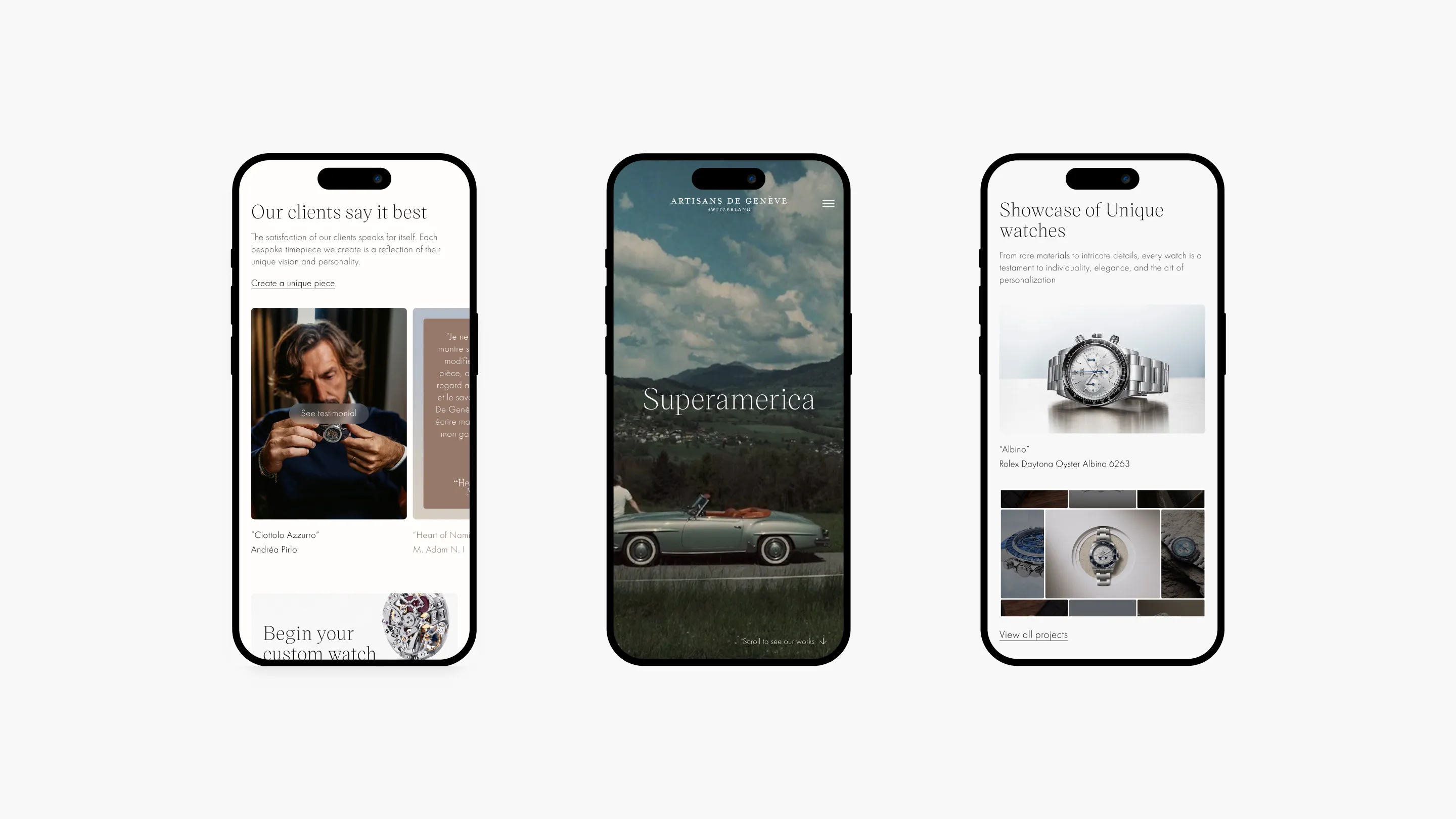 Trois écrans mobiles du site Artisans de Genève présentant des témoignages clients, la page du projet Superamerica et une galerie de montres uniques personnalisées.