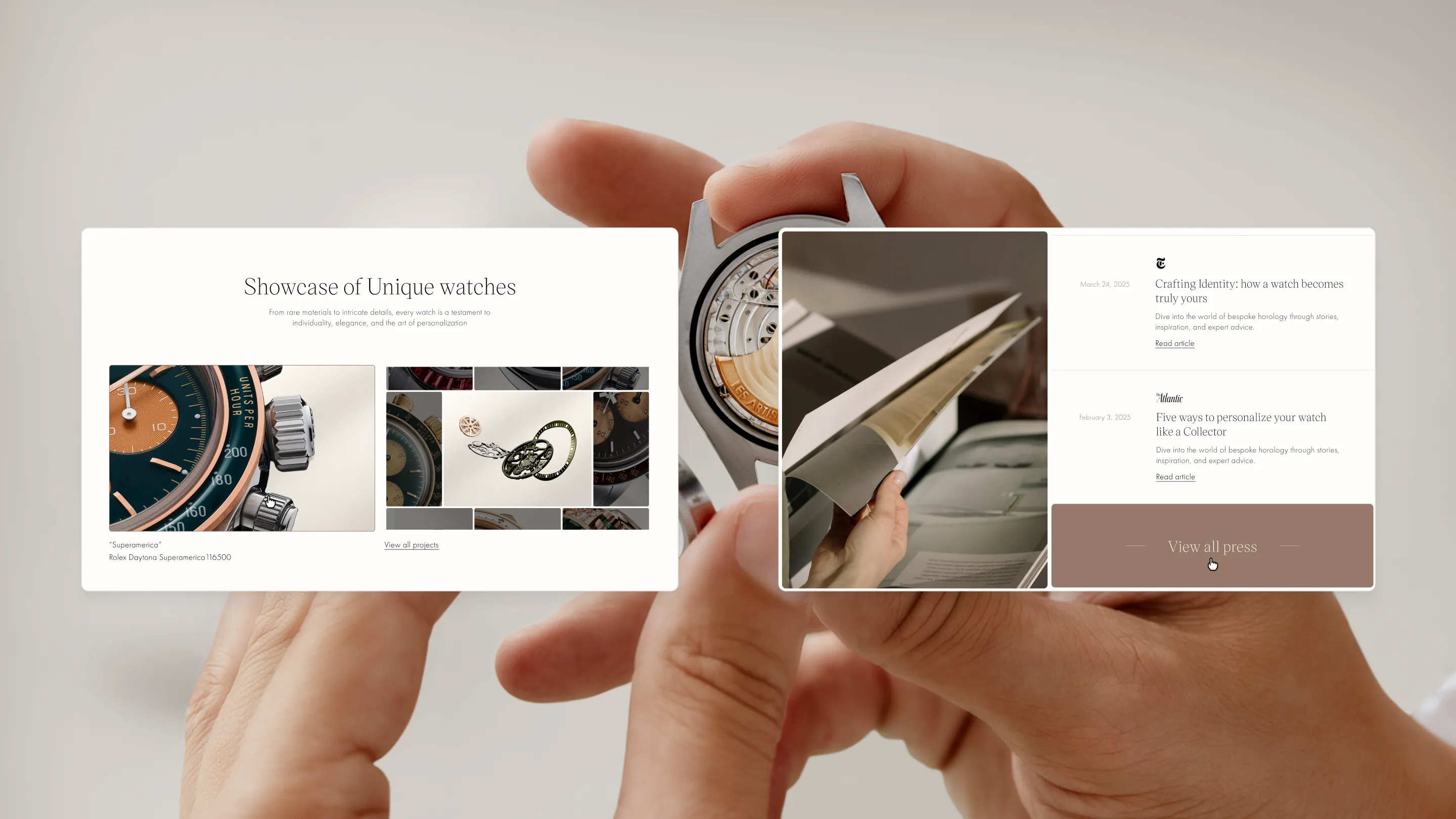 Maquette du site Artisans de Genève affichant le showcase des montres uniques et les articles de presse, sur un arrière-plan montrant des mains manipulant une pièce horlogère.