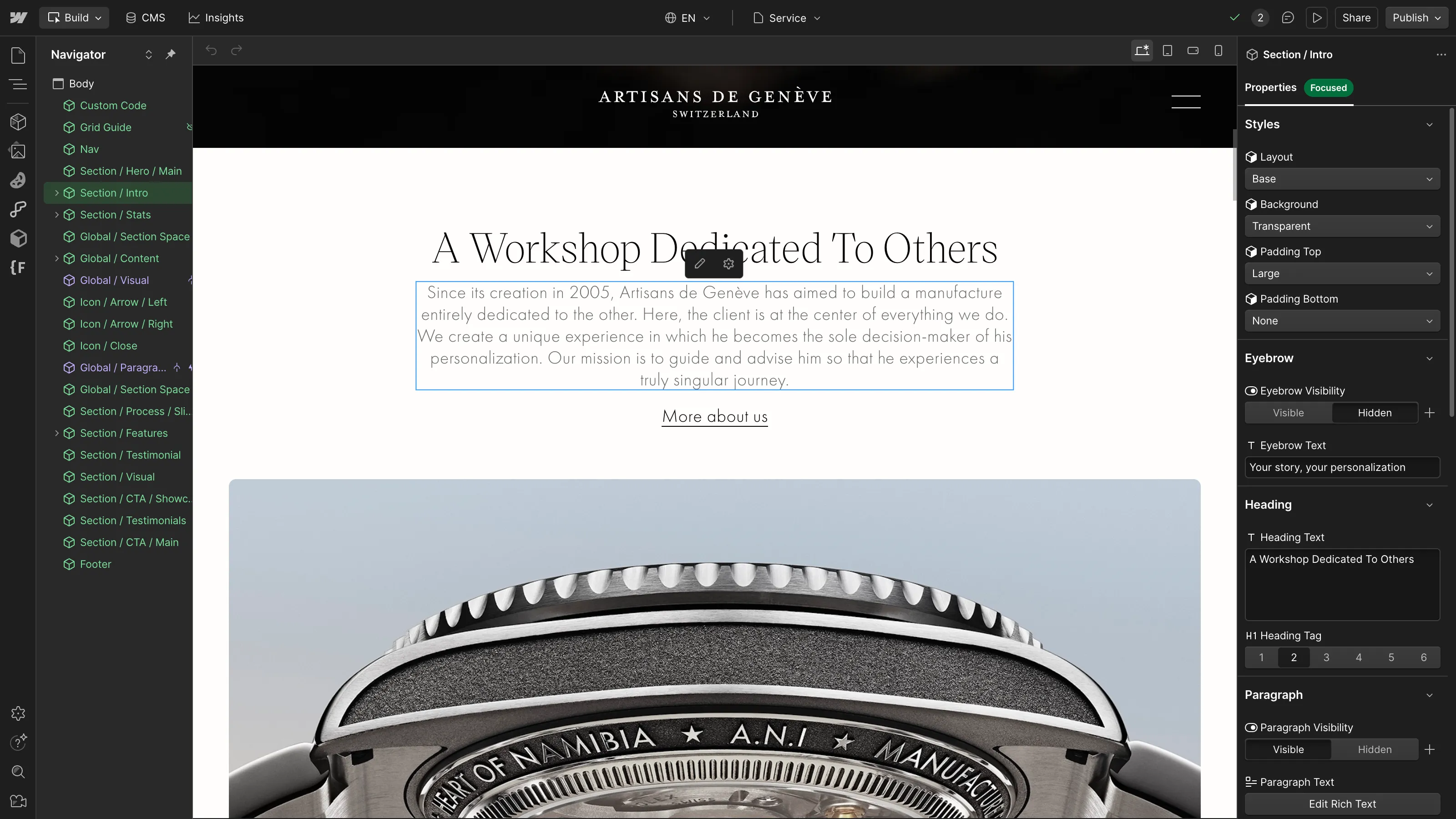 Interface du Webflow Designer affichant la section d’introduction du site Artisans de Genève, avec le titre ‘A Workshop Dedicated To Others’ et un gros plan d’un boîtier de montre en dessous.