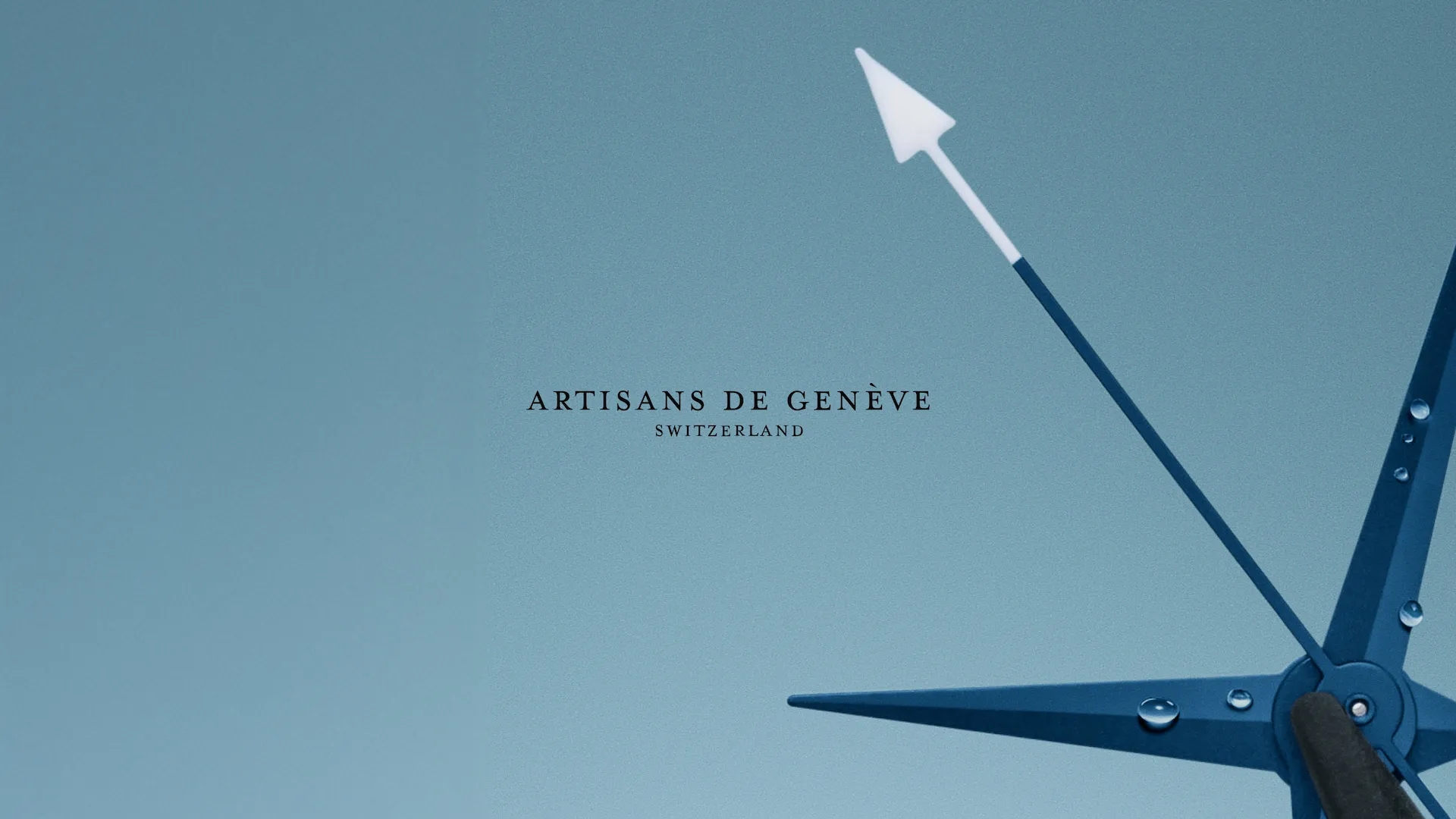 Gros plan sur des aiguilles de montre bleues ornées de gouttes d’eau, avec le logo Artisans de Genève Switzerland centré sur un fond bleu dégradé.