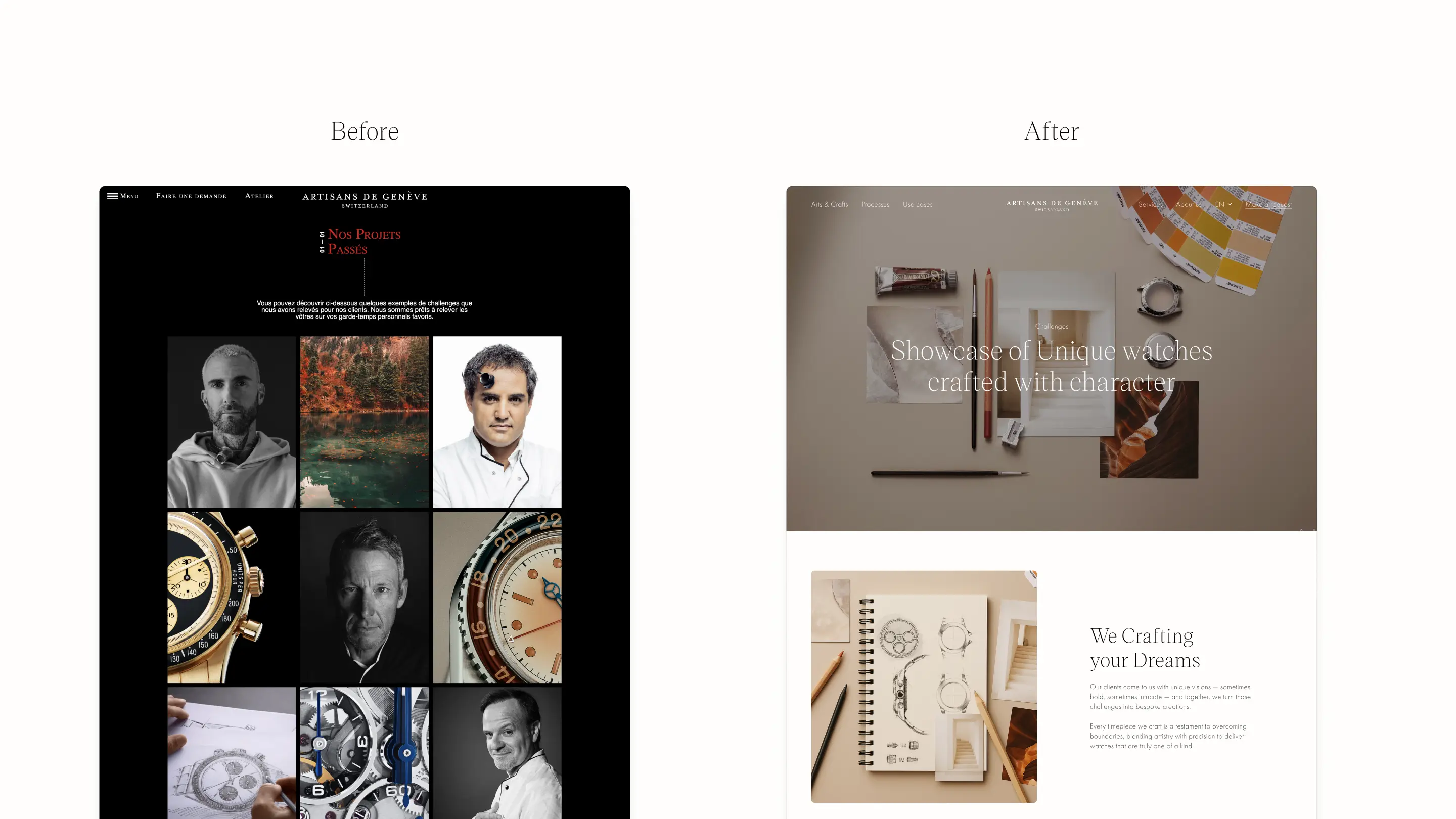 Comparaison avant/après de la refonte du site Artisans de Genève, avec l’ancien design sombre en grille à gauche et la nouvelle version épurée et artisanale à droite.