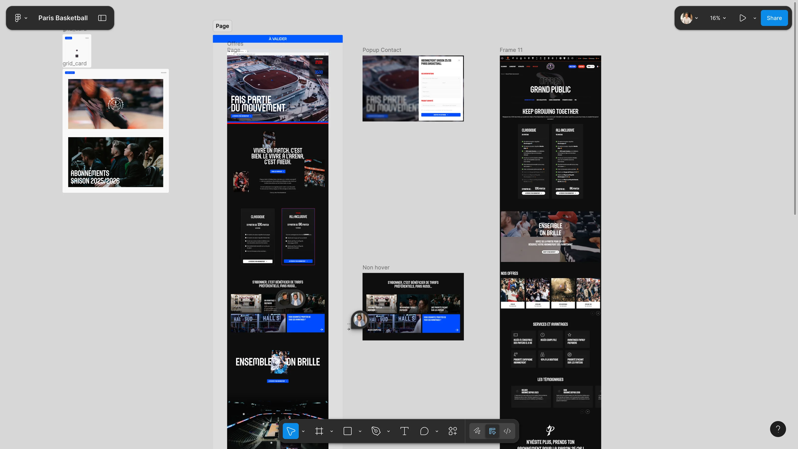 Wireframes et designs de landing pages Figma pour les abonnements aux abonnements de Paris Basketball