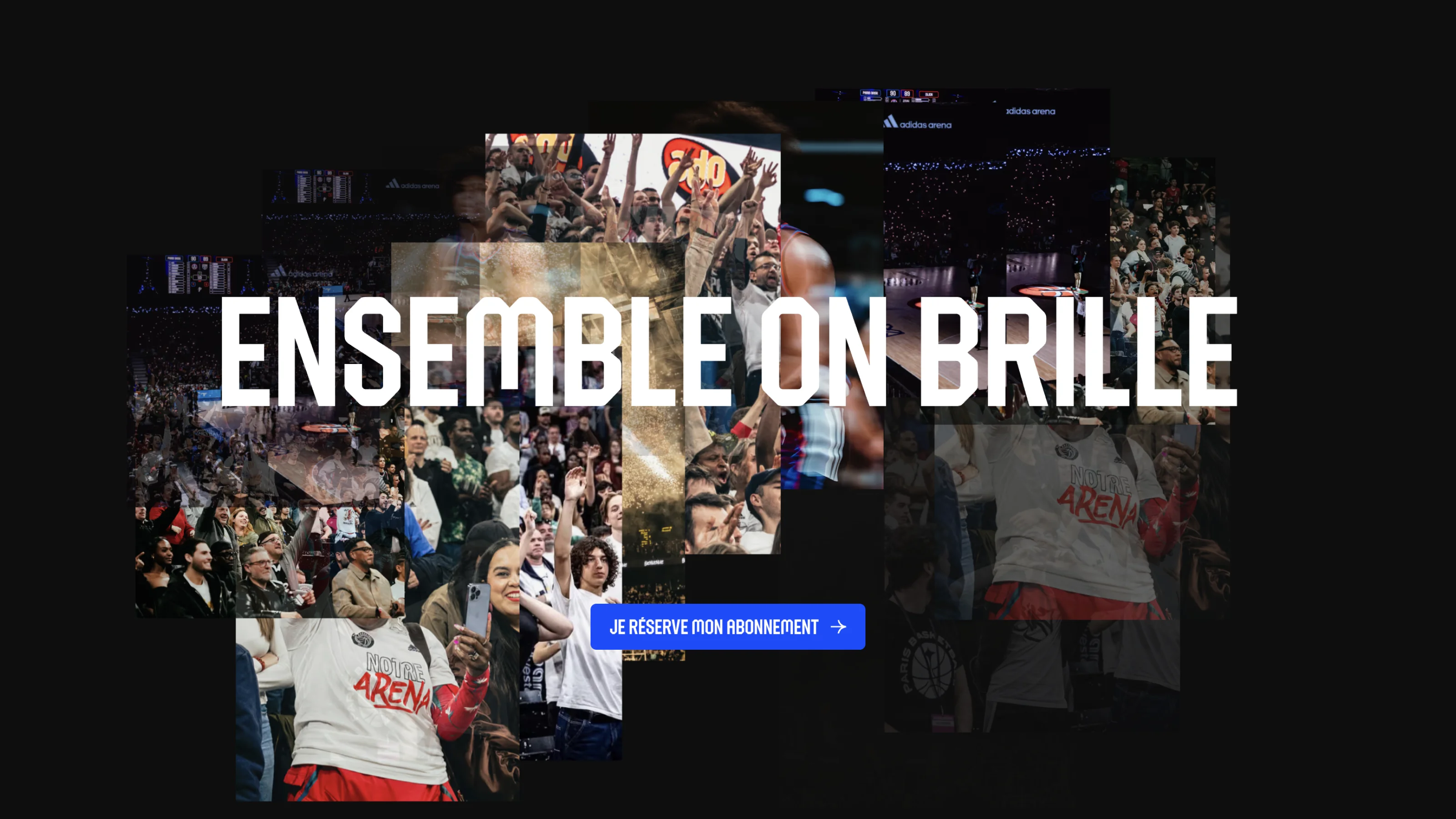 Montage de supporters de Paris Basket sur les stands de l'Adidas Arena avec le message « Ensemble on brille »