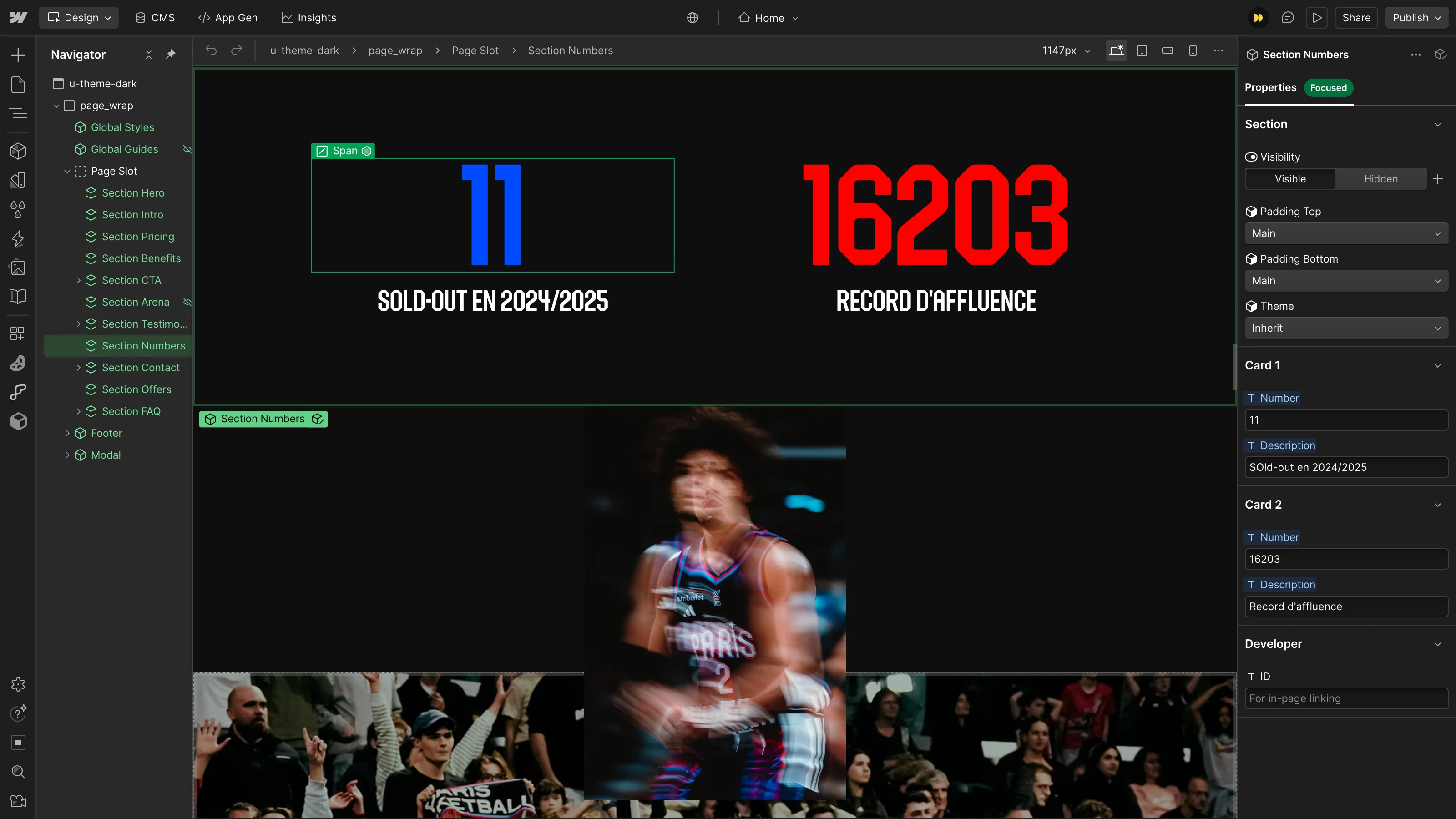 Webflow interface showing the Paris Basketball numbers section with key metrics “11 sold-out games in 2024/2025” and “16,203 attendance record”