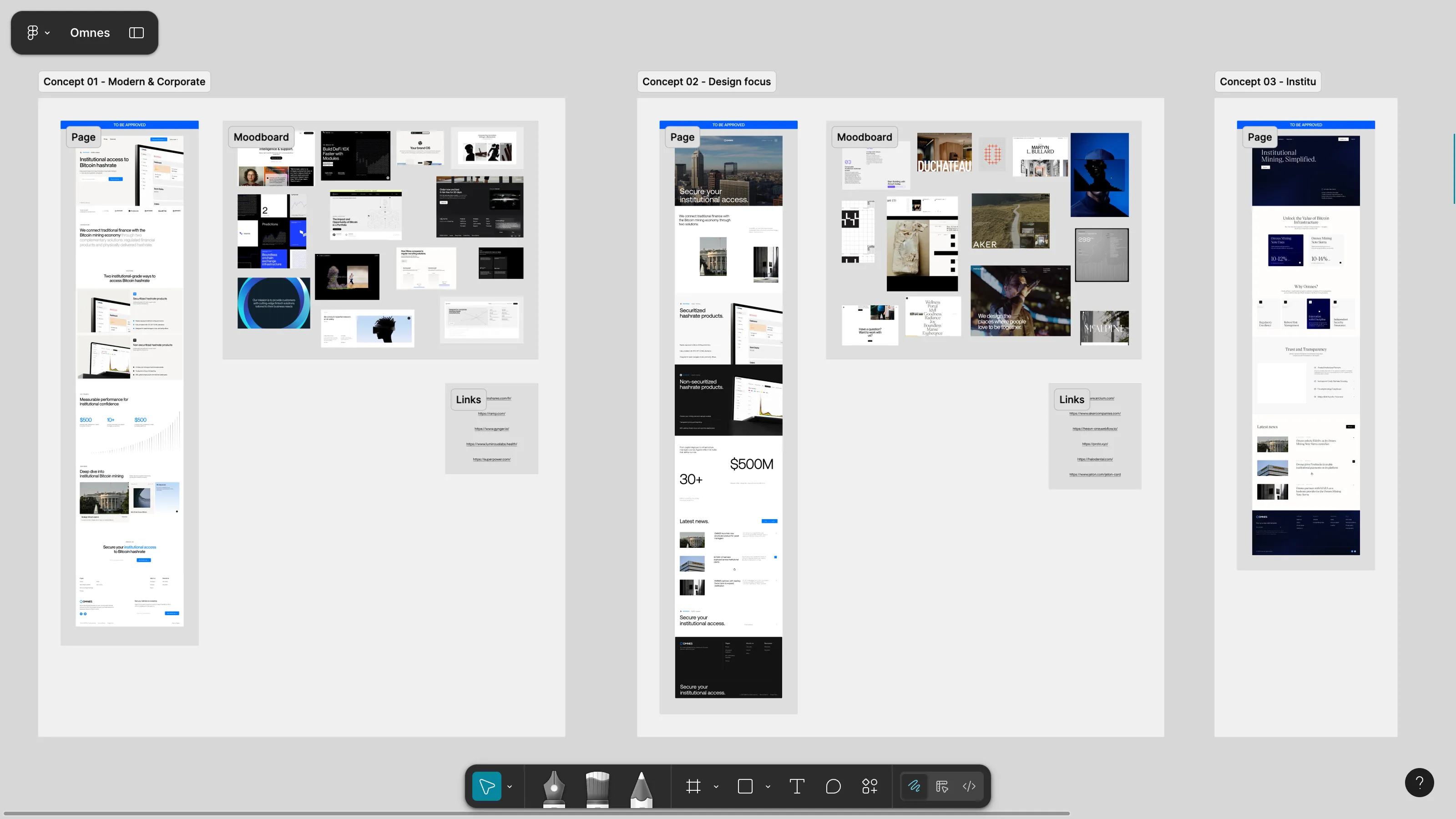 Exploration de plusieurs concepts de direction artistique et moodboards dans le cadre d’un Proof of Concept design pour Omnes