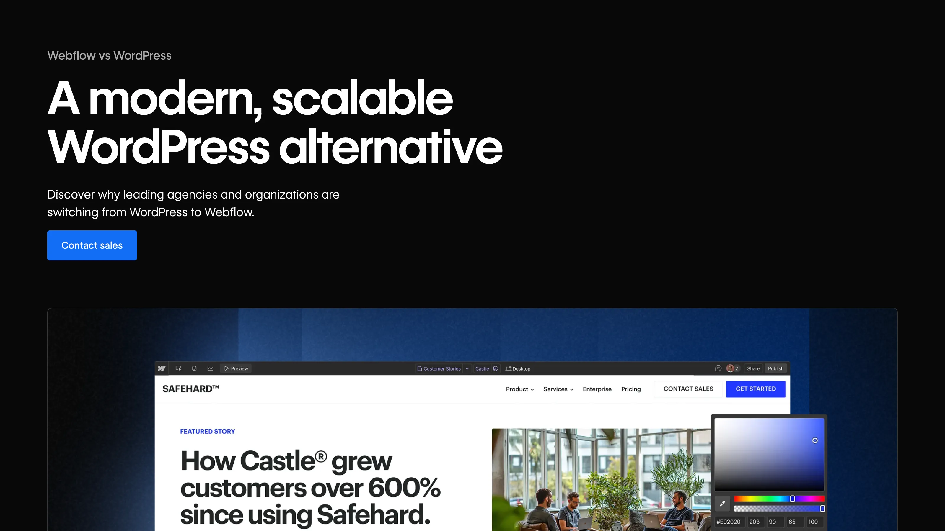 Page Webflow comparant Webflow à WordPress, mettant en avant Webflow comme une alternative moderne et scalable, avec un exemple de site client et une interface d’édition visuelle.