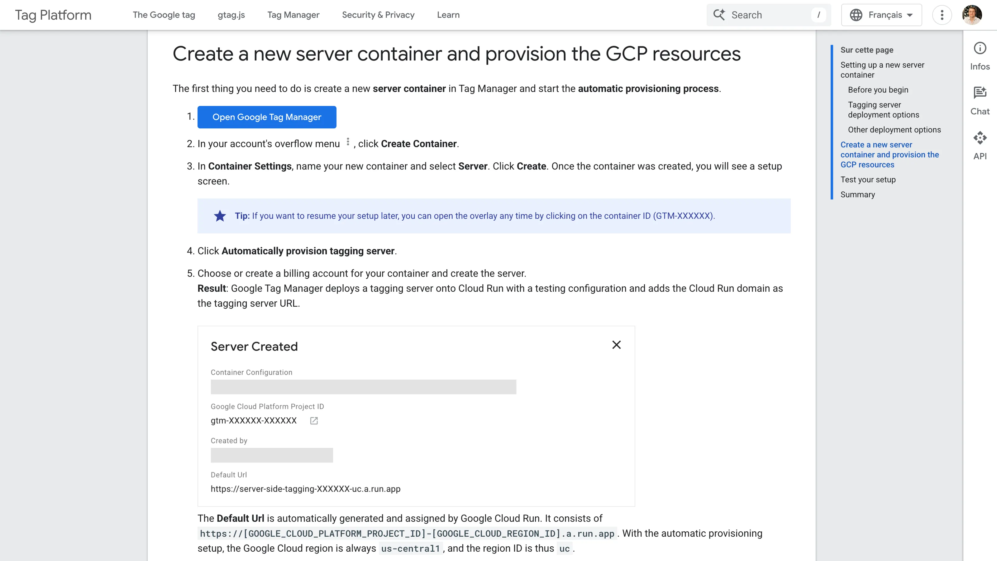 Interface Google Tag Manager montrant les étapes de création d’un container server-side et le provisioning des ressources Google Cloud