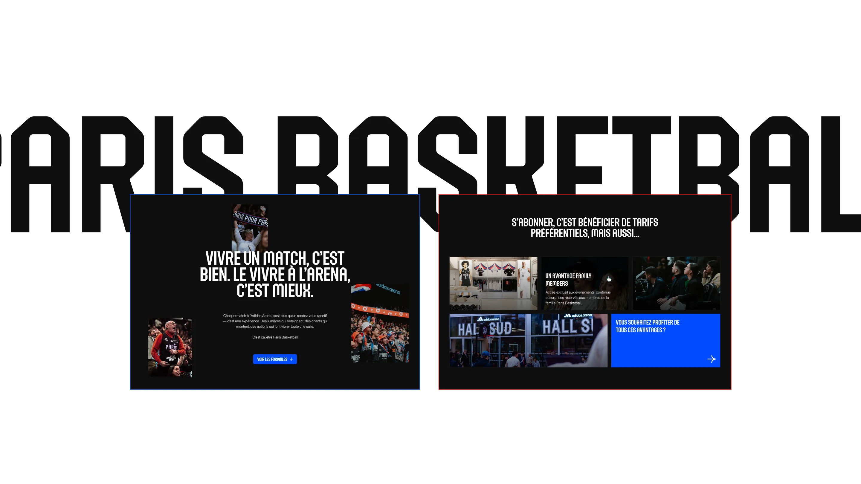 Editorial sections of the Paris Basketball website highlighting the game-day experience at Adidas Arena and season ticket benefits.