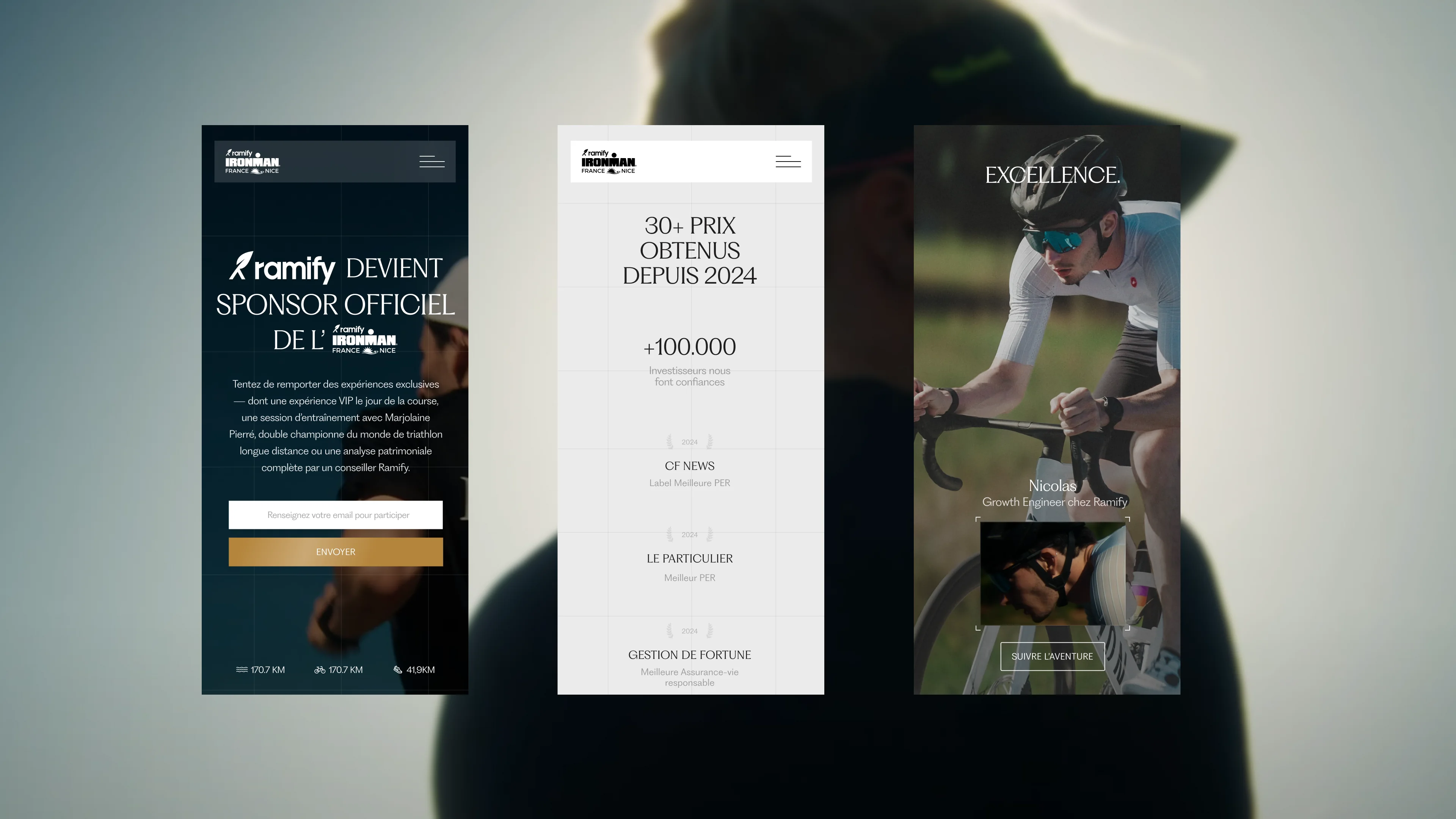 Trois écrans mobiles de la landing page Ramify IRONMAN