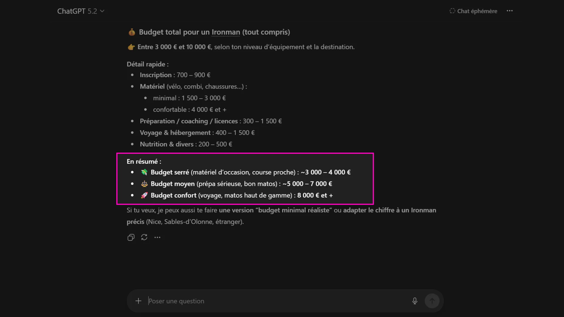 Requête ChatGPT présentant le coût d’une course IRONMAN