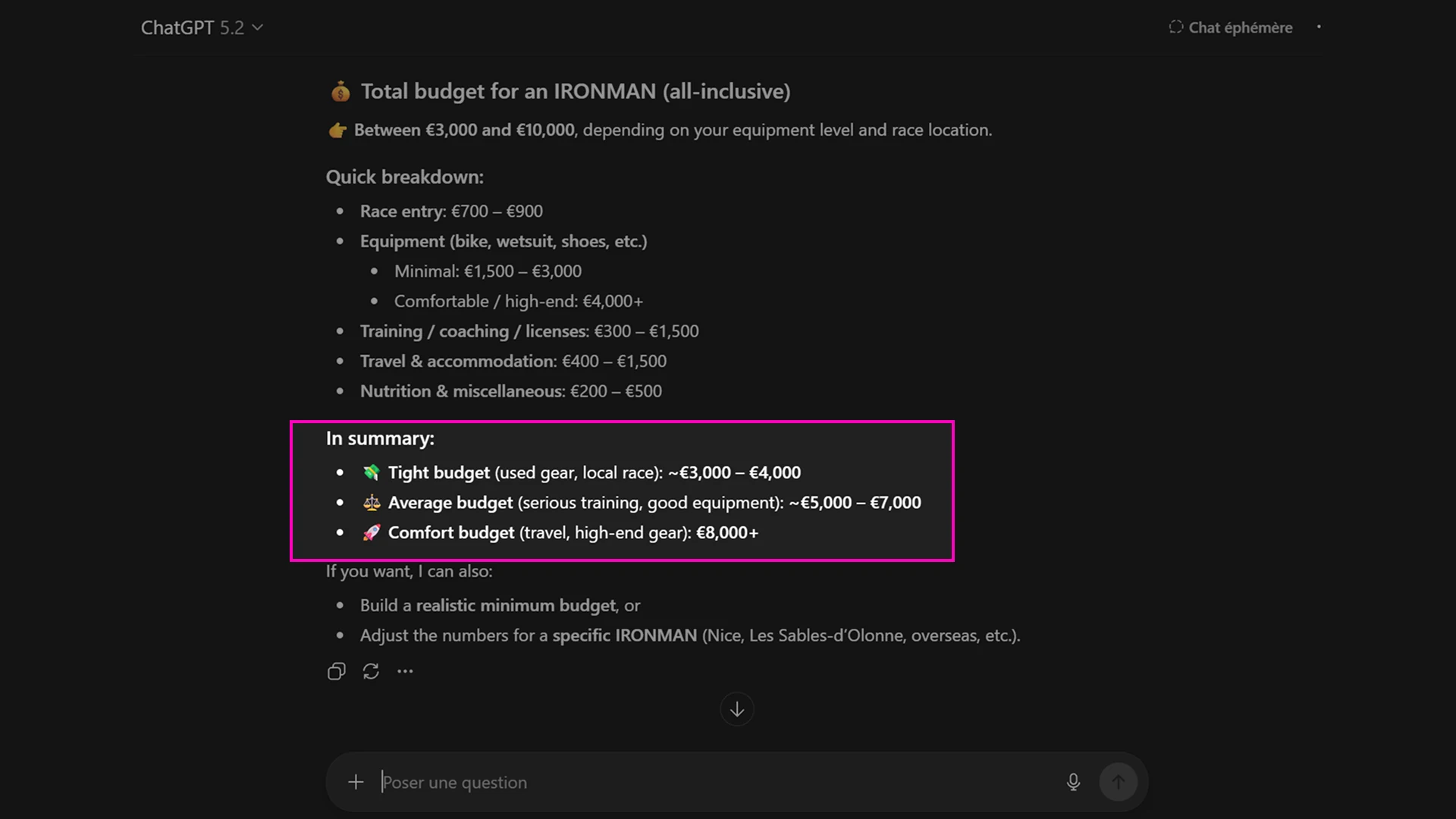 ChatGPT prompt presenting the cost of an IRONMAN race
