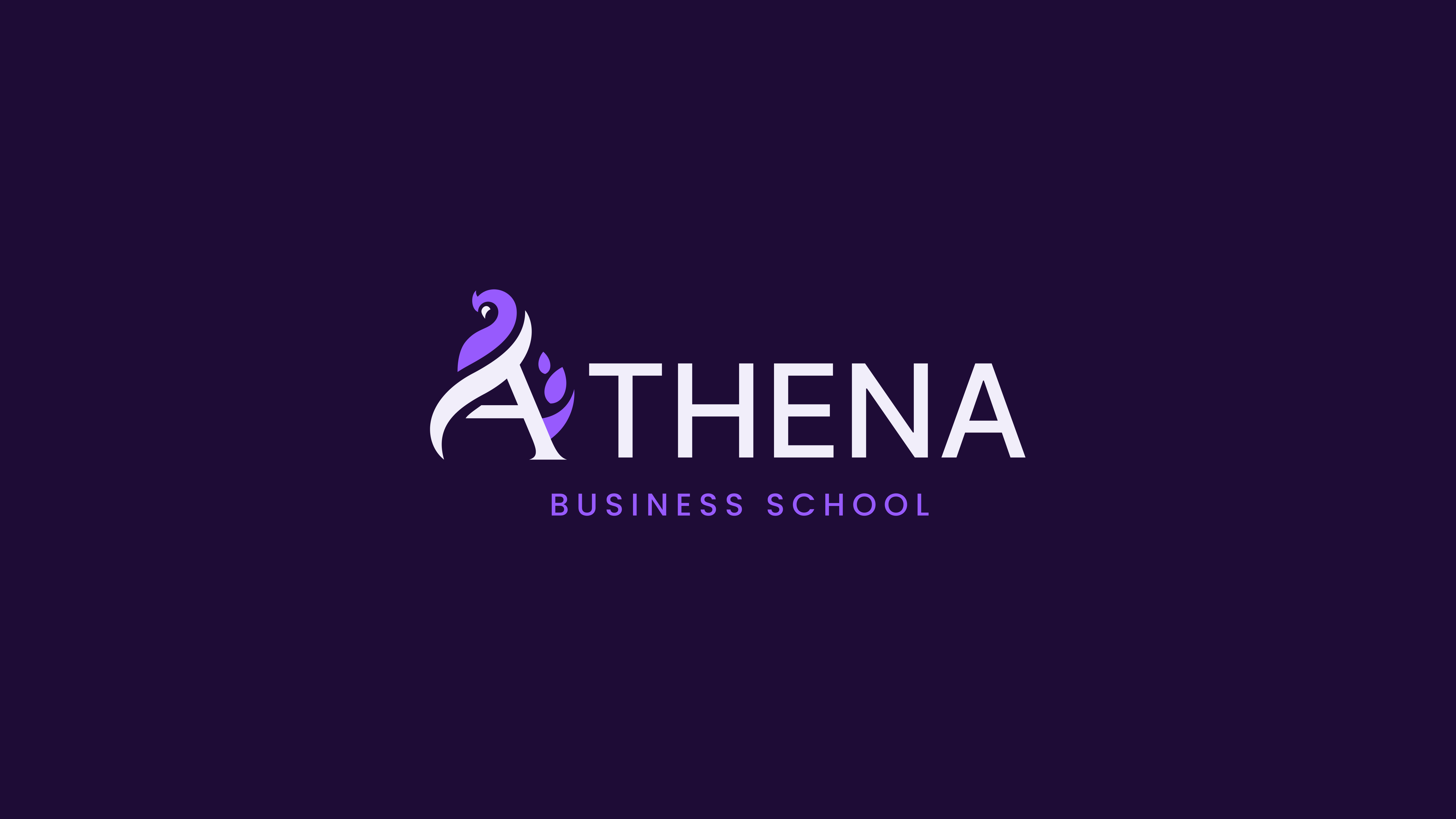 Athena Business School logo in white and purple on a dark purple background.