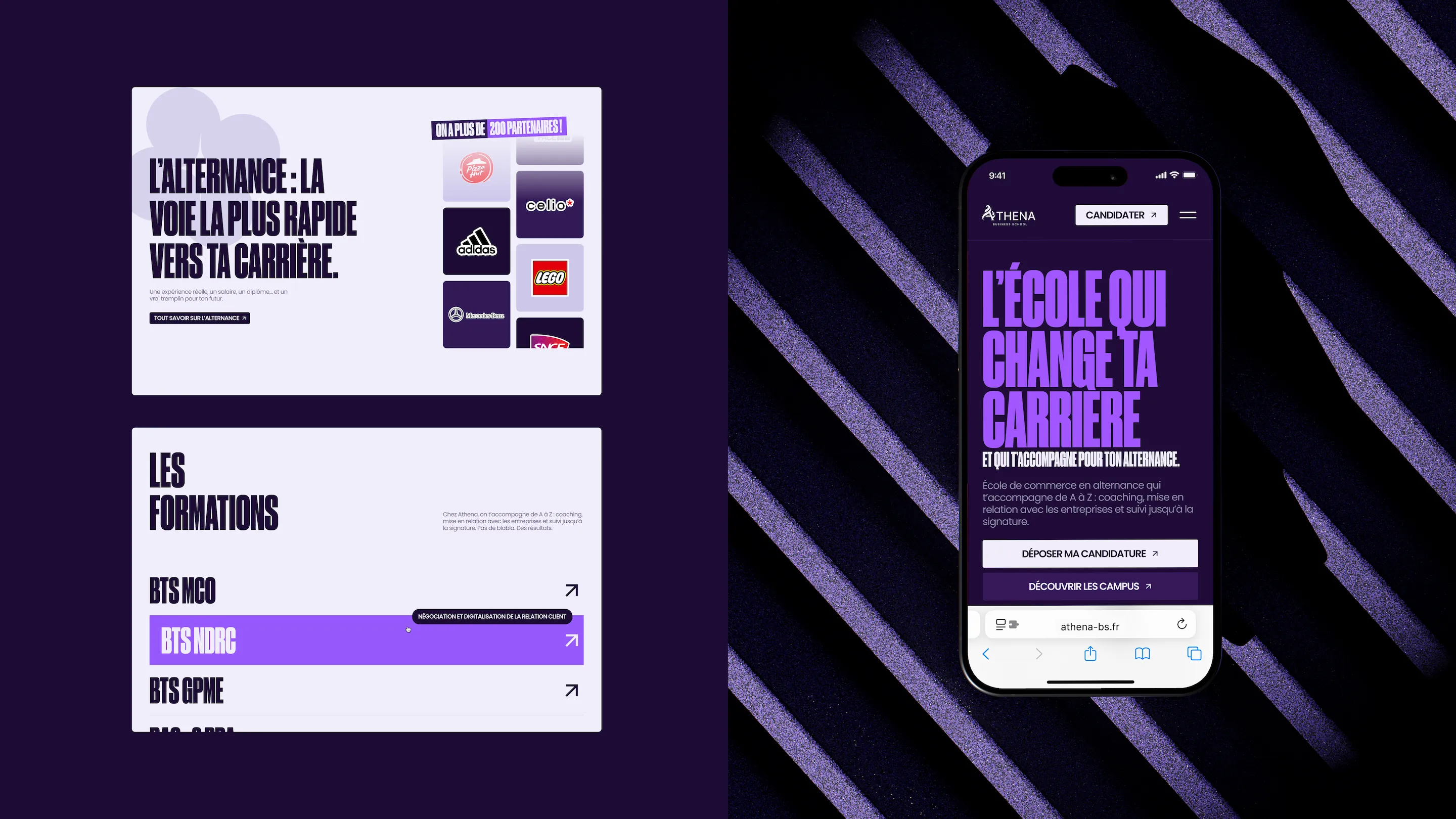 “Programs” section of the Athena Business School website listing available work-study courses + Mobile version of the Athena Business School website showing the hero section with primary application call-to-action buttons.
