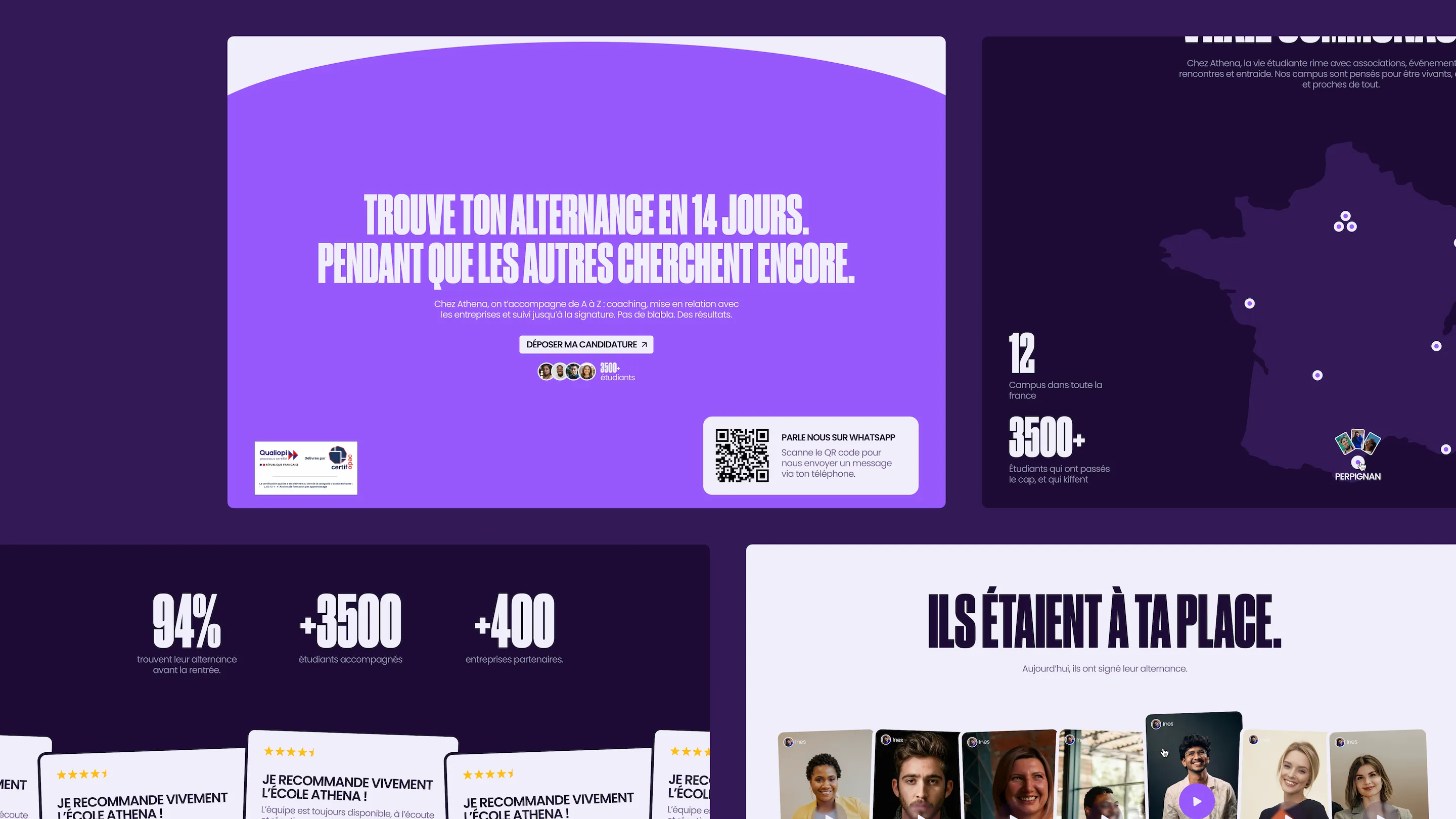 Key metrics and student testimonials section showing placement rates and reviews on the Athena Business School website.