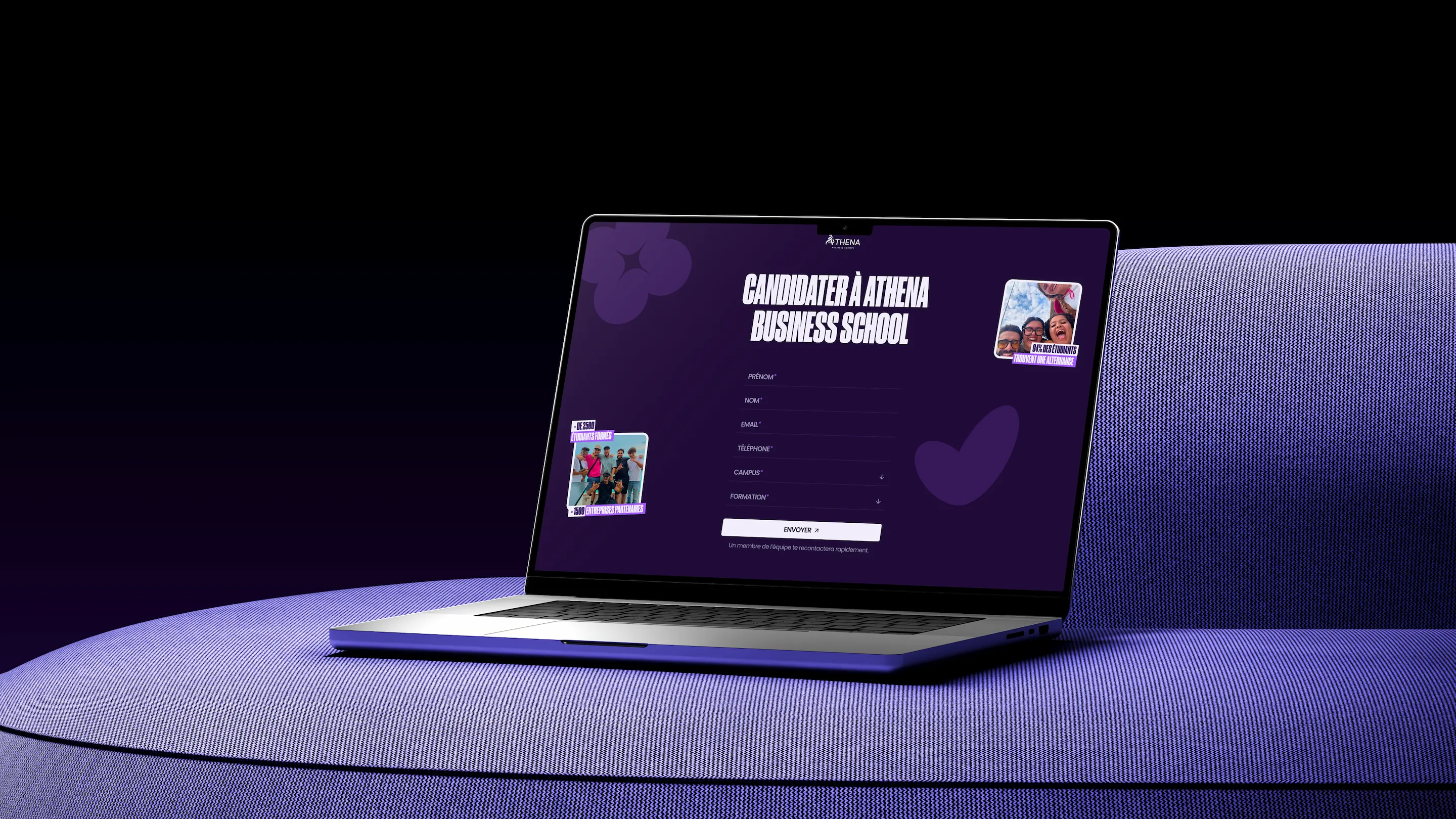 Laptop mockup displaying the Athena Business School application page with an online enrollment form.