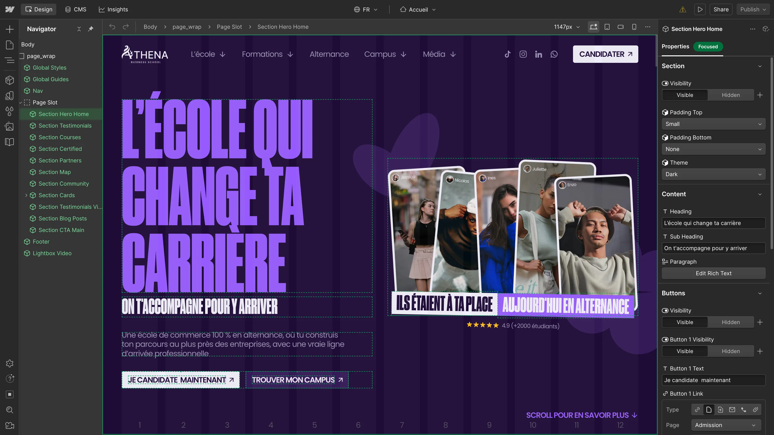 Webflow editor interface displaying the Athena Business School hero section built as a reusable component with headings, CTAs, and student visuals.