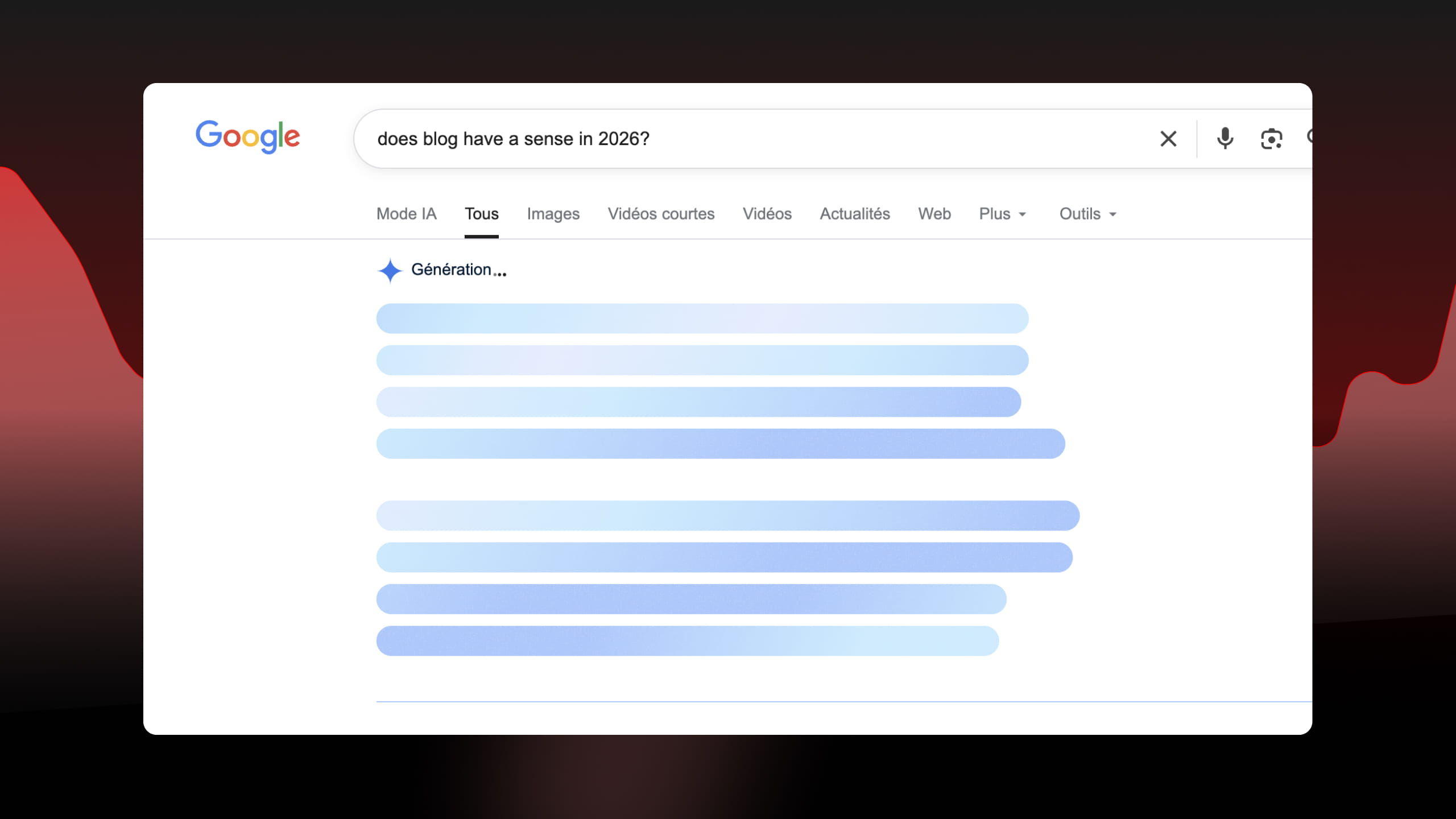 Capture d’écran d’une page de résultats Google affichant une réponse générée par l’IA pour la requête « does blog have a sense in 2026? ».