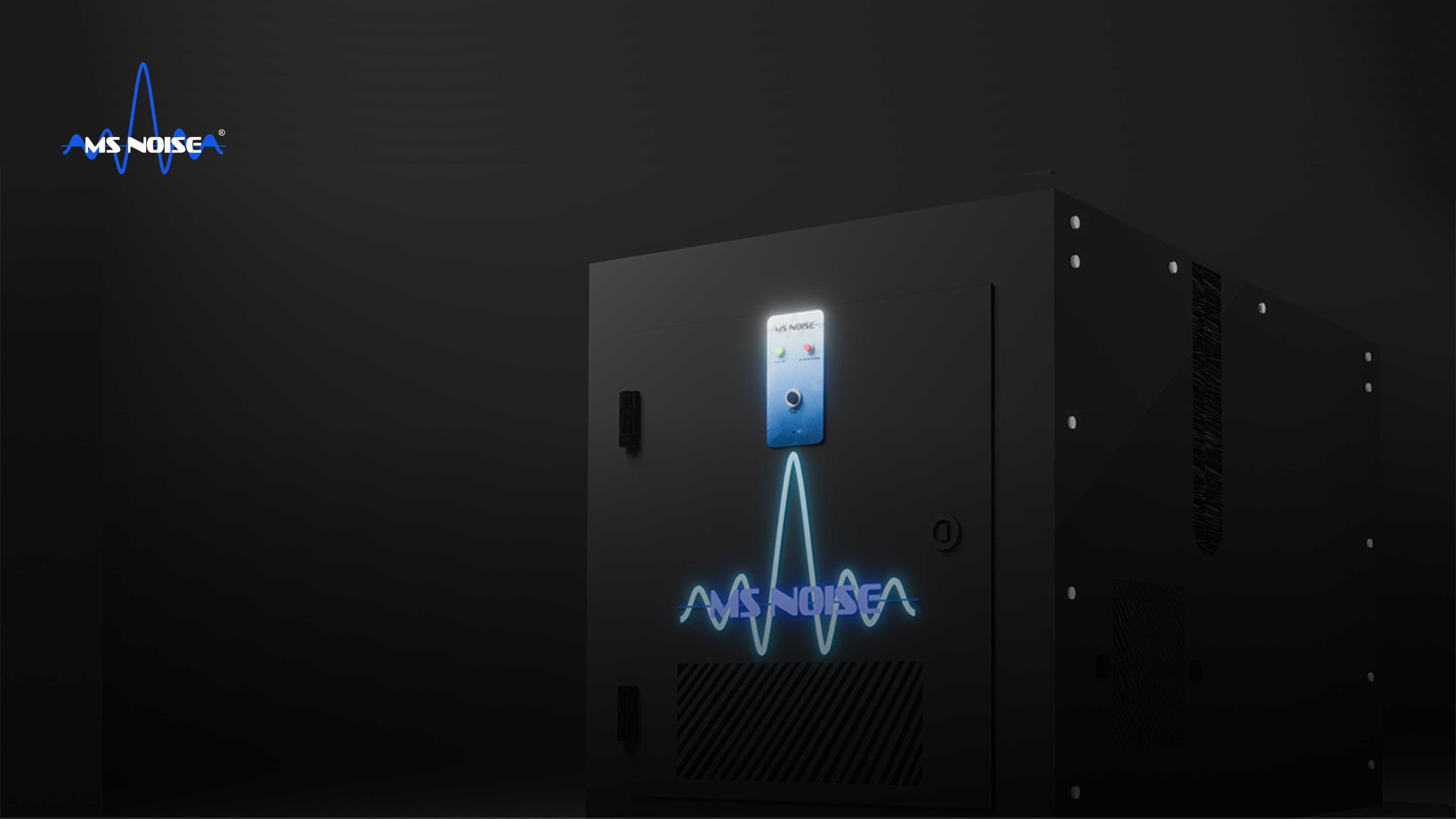 High-performance MS Noise acoustic enclosure designed for noise reduction in industrial and scientific environments, displayed in a dark, premium visual atmosphere.
