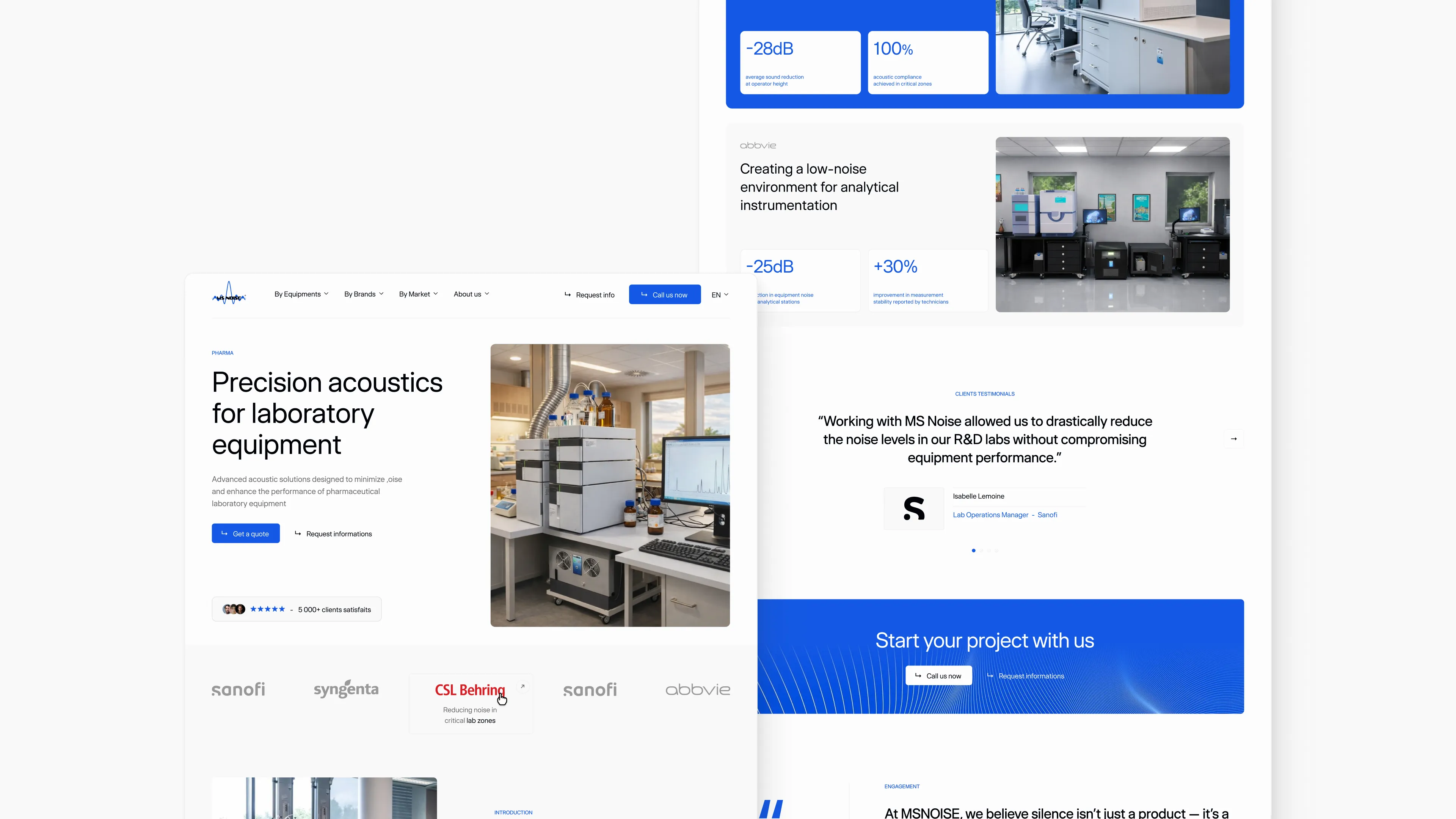 MS Noise website interface showcasing a precision acoustic solution for laboratory equipment, featuring a scientific installation visual, acoustic performance metrics, and a client testimonial.