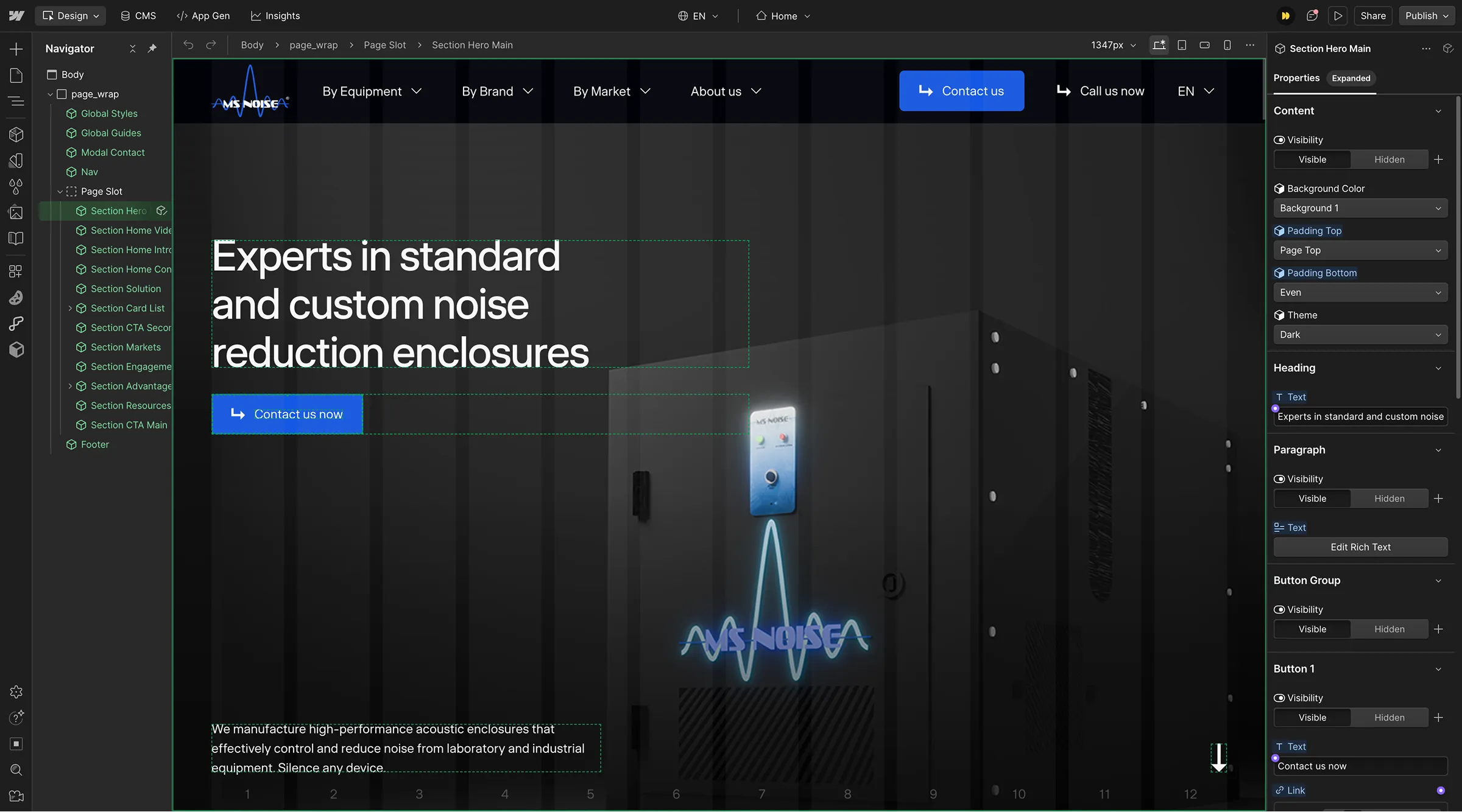 Webflow interface showing the MS Noise hero section built as a multilingual component.
